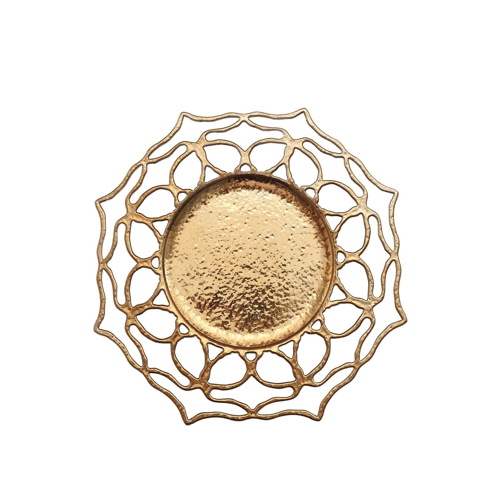 6-Pack Acrylic Round Charger Plates 13" in Gold with Floral Cutout Design, Hollow Flower Plastic Decorative Dinner Party Charger Tableware