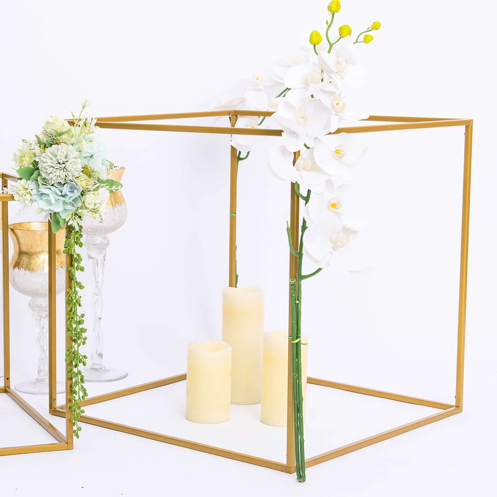2 Pack 20" Square Gold Metal Frame Wedding Flower Stands, Geometric Centerpieces