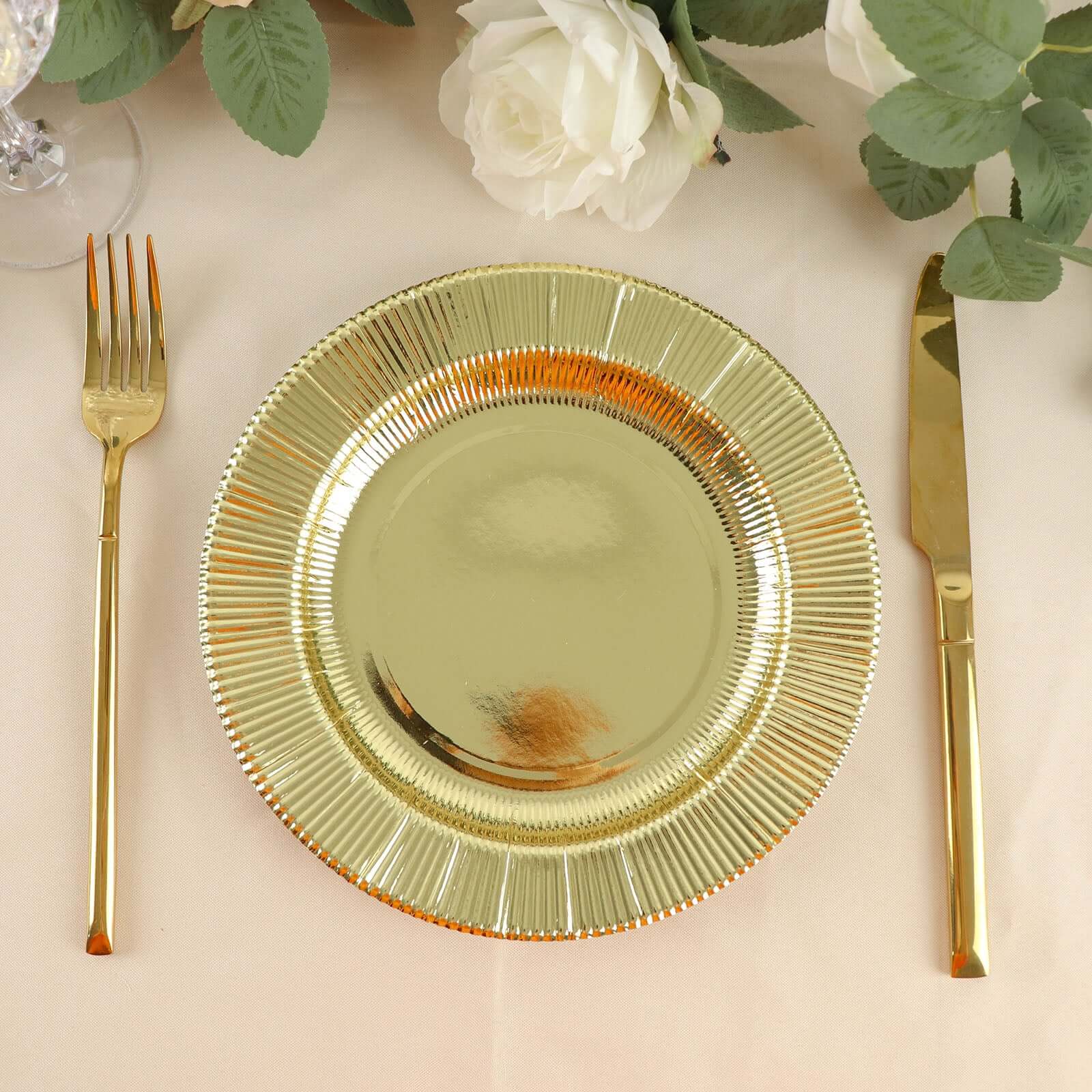 25-Pack Paper 8" Round Dessert Plates in Metallic Gold Sunray Design - Disposable Heavy Duty 350GSM Appetizer Salad Plates