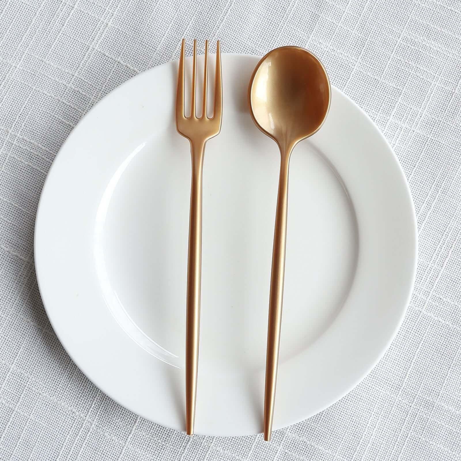 50-Pack Plastic Dessert Forks and Spoons with Gold Shiny Finish - Heavy Duty Disposable Silverware