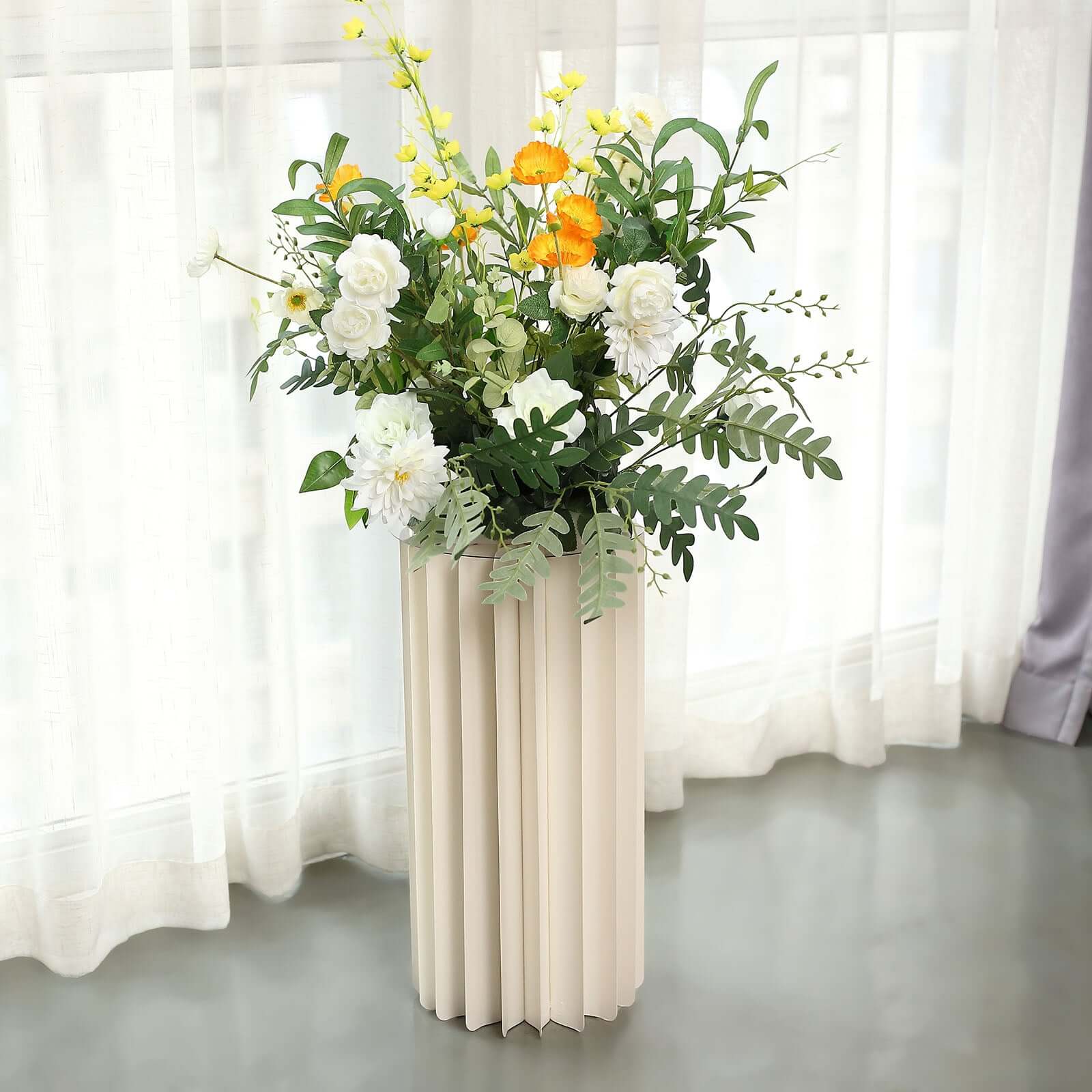 24" Ivory Cylinder Display Column Stand, Pillar Pedestal Stand With Top Plate