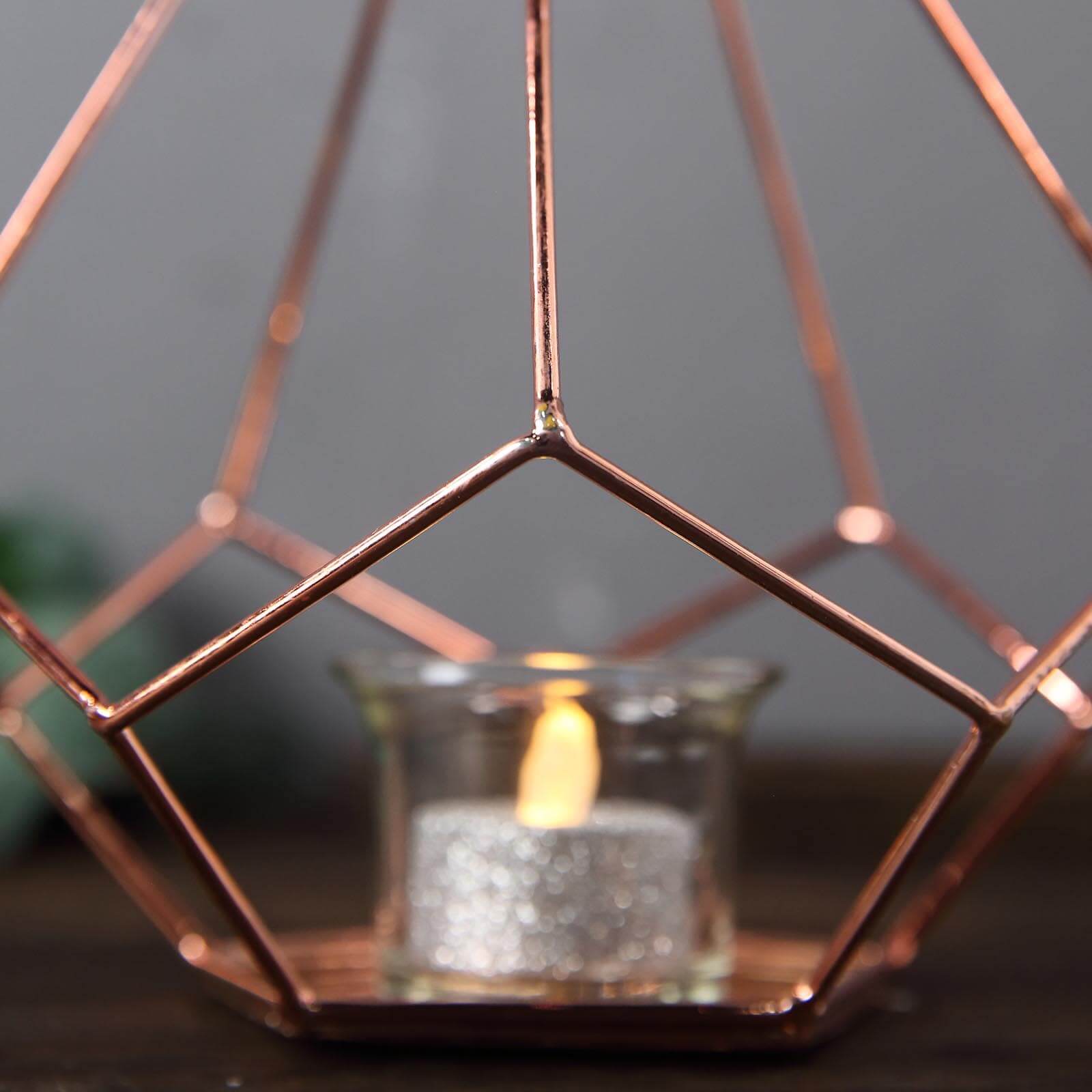 2-Pack Tealight Candle Holders Rose Gold Metal Pentagon Geometric Open Frame - Flower Stand 9"