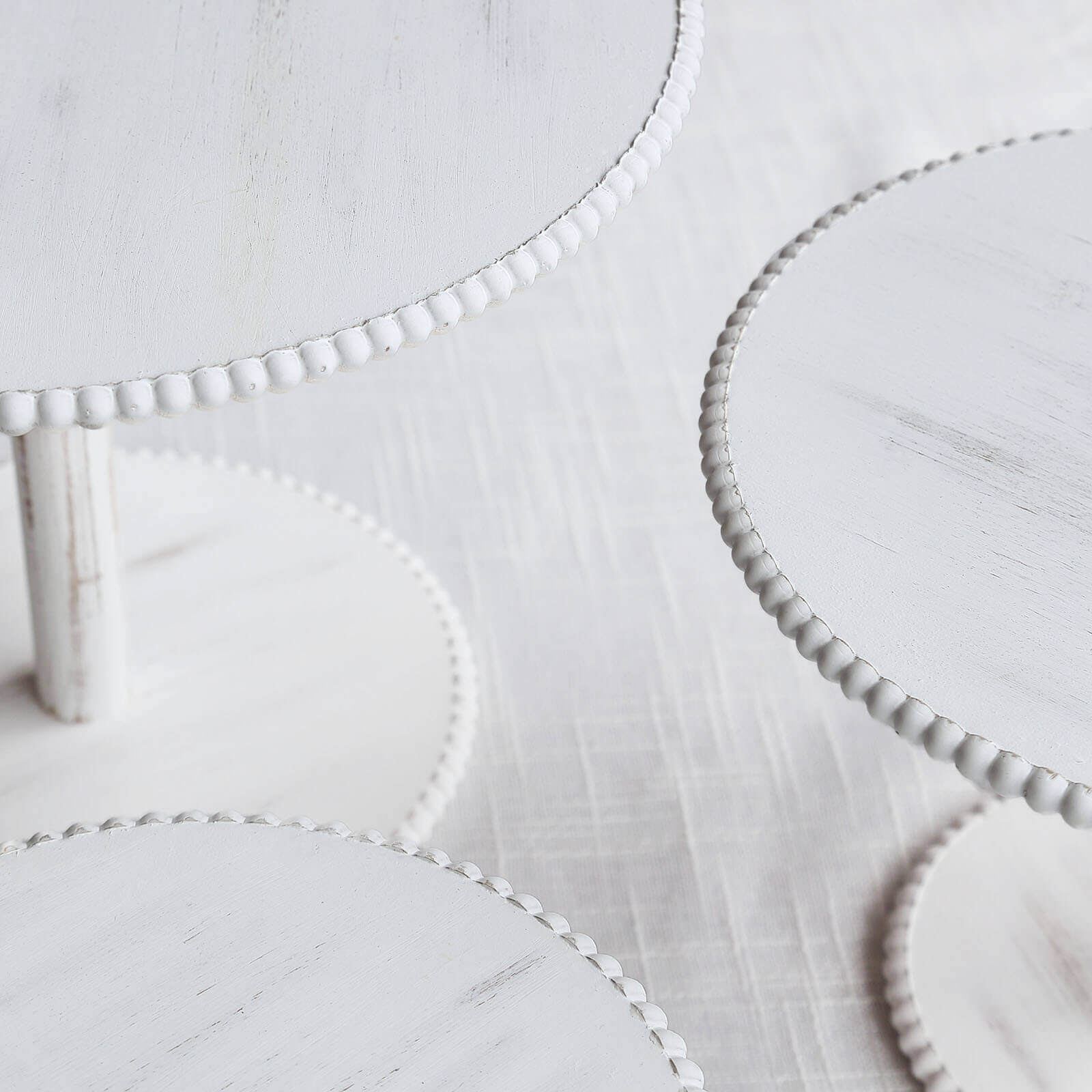 Set of 3 Wooden Pedestal Cake Stands Whitewash with Round Beaded Rim Trays - Stackable Rustic Cupcake Display 8", 10", 12"