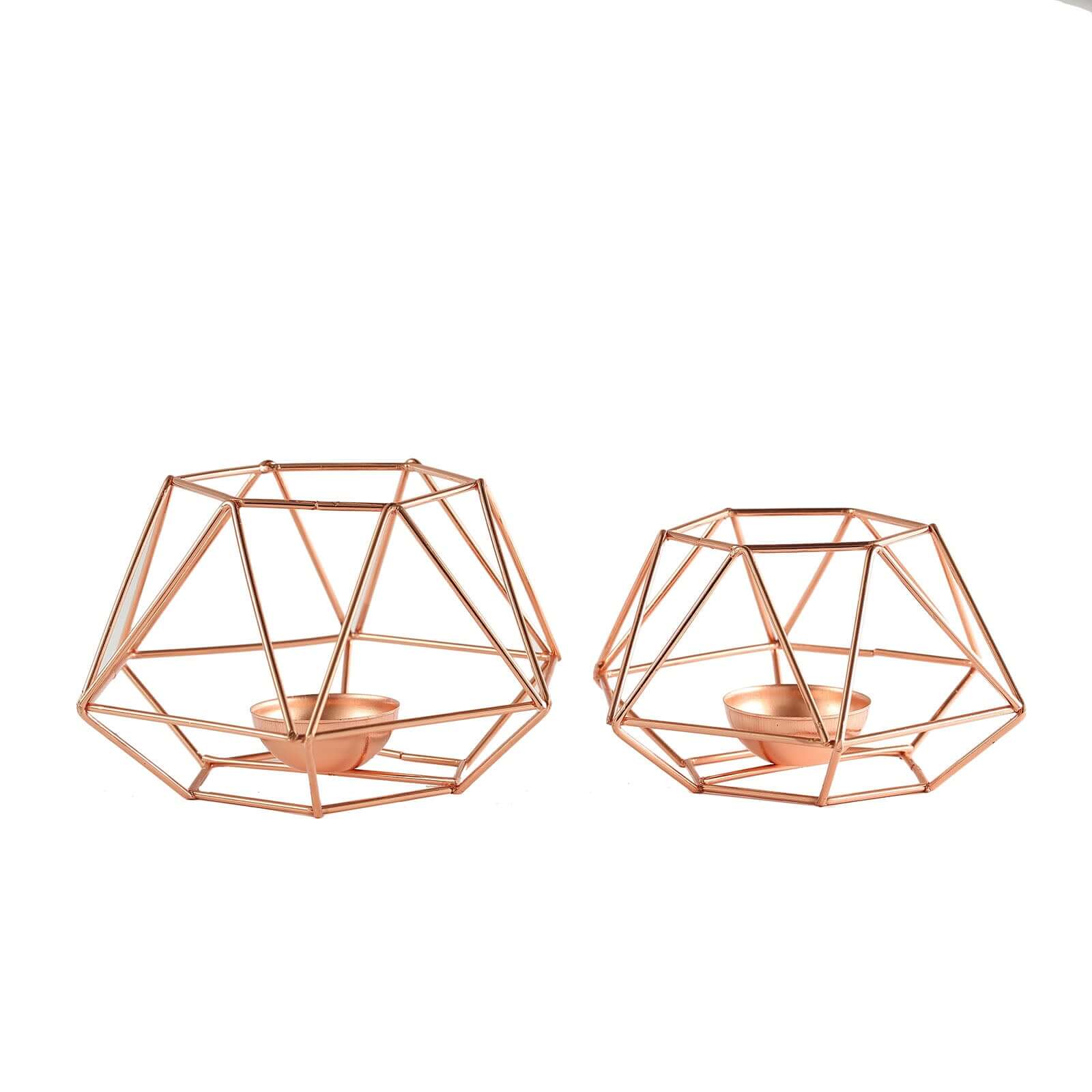 Set of 2 Candle Holders Metal Hexagon Geometric Design Rose Gold - Modern Decorative Centerpieces for Tables 4"x3"