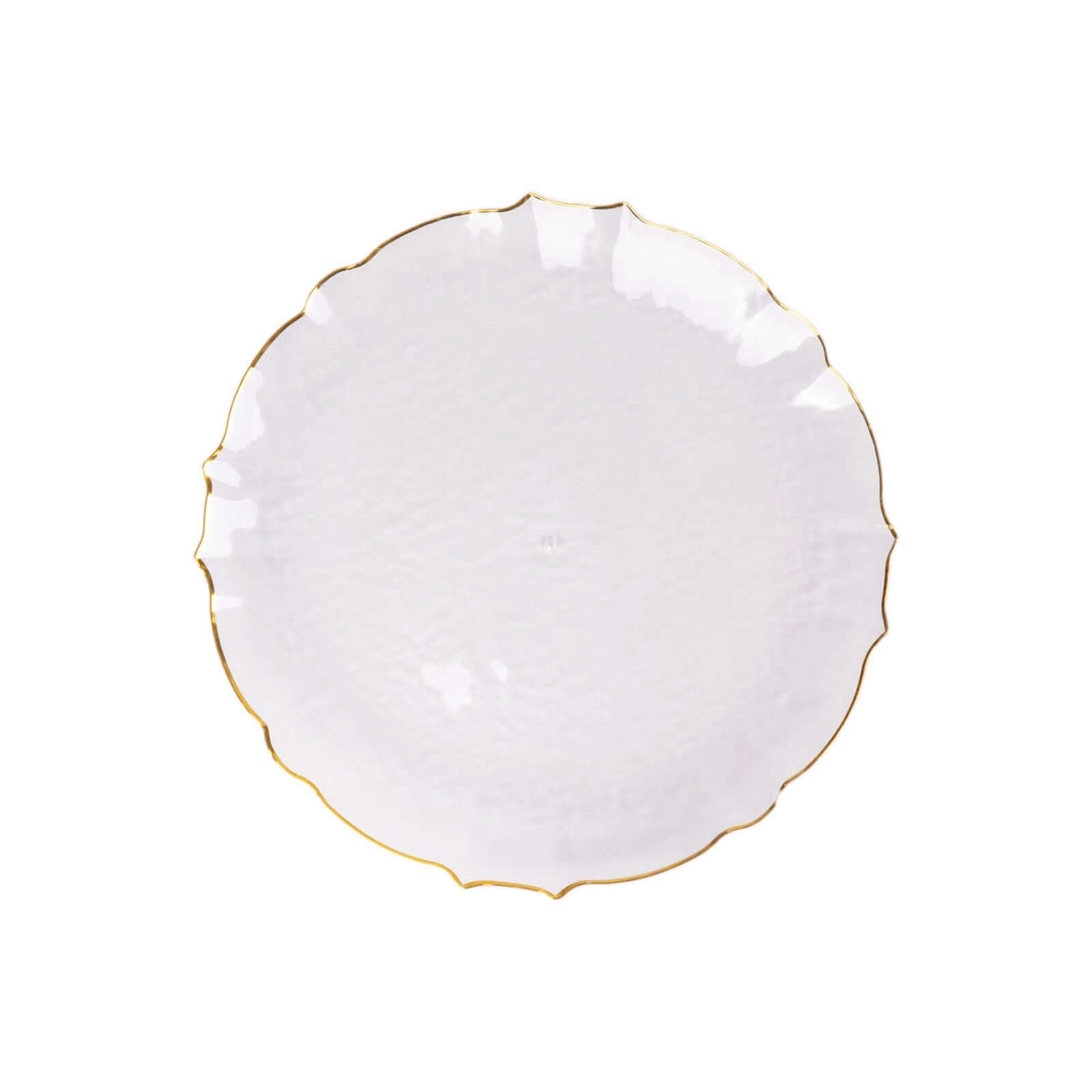 10-Pack Plastic 7" Round Dessert Appetizer Plates in Clear Sunflower with Gold Scalloped Rim - Disposable Salad Plates for Classy Events & Banquets