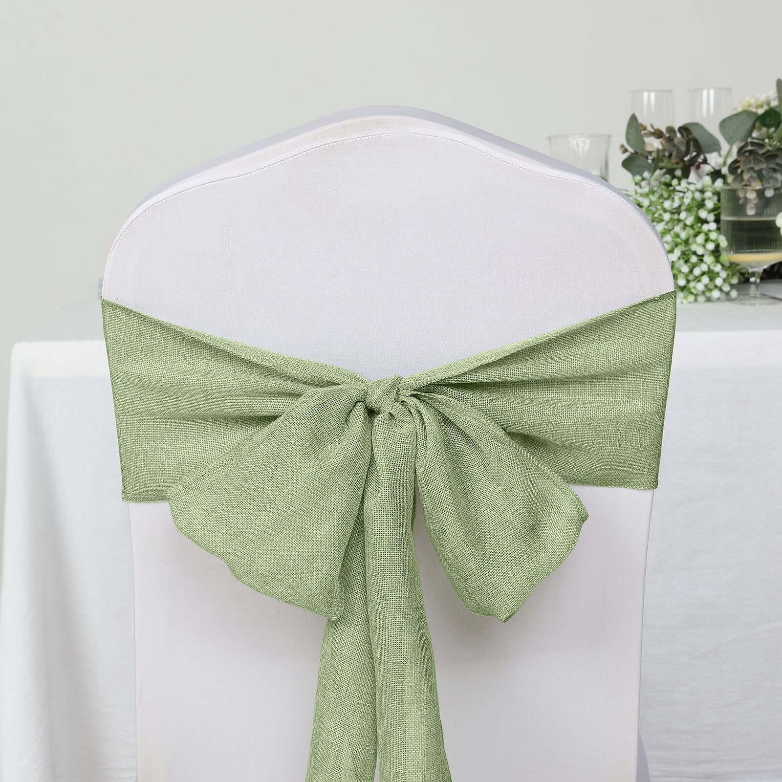 5 Pack Jute Faux Burlap 6"x108" Chair Sashes Sage Green - Boho Chic Linen Decor