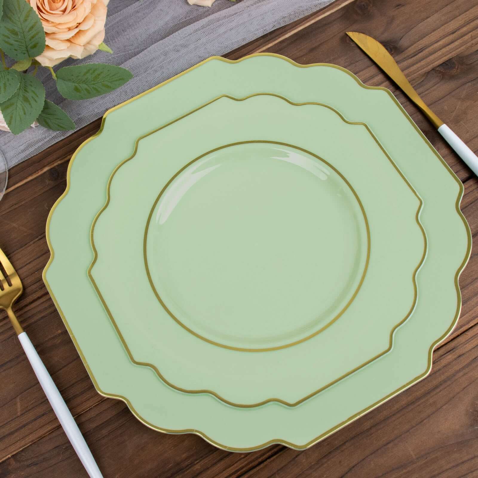 10-Pack Plastic Dessert Appetizer Plates in Sage Green Baroque Design with Scalloped Gold Rim - Heavy Duty Disposable Salad Plates 8"