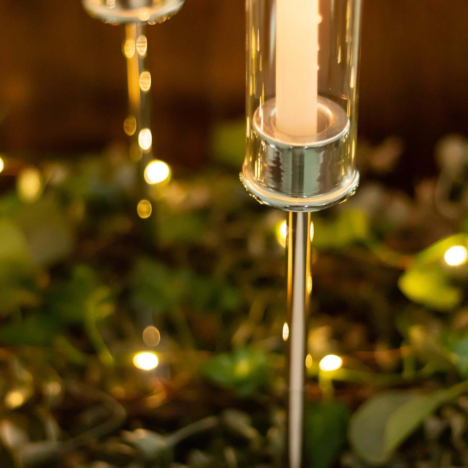 2-Pack Silver Metal Taper Candlestick Holders, Clear Glass Hurricane Candle Stands With Chimney Candle Shades 24"