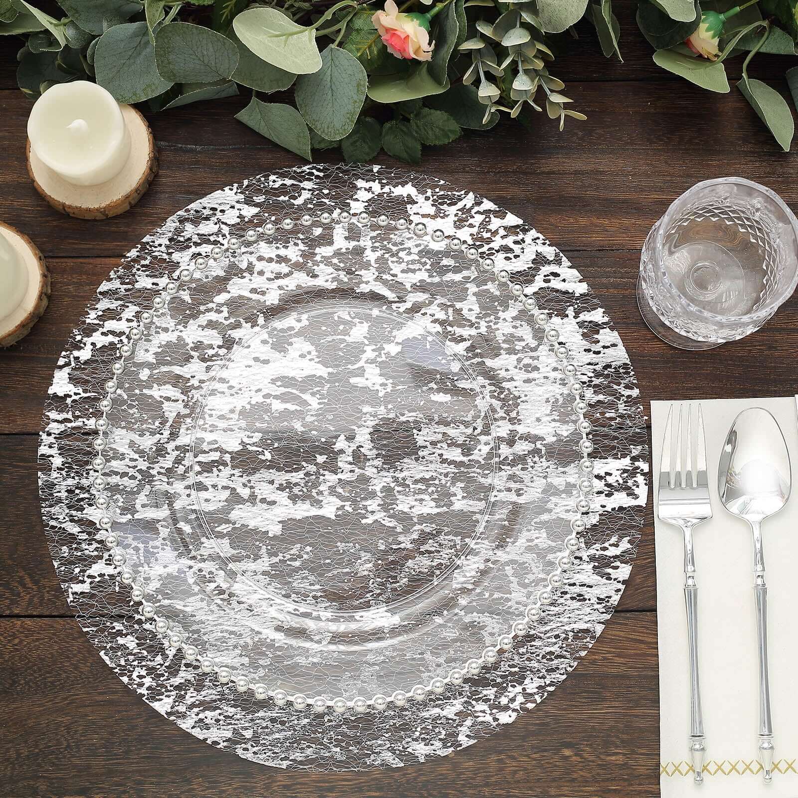 10-Pack Table Placemats Foil Design Metallic Silver Round - Mesh Disposable Shiny Dining Mats 13"