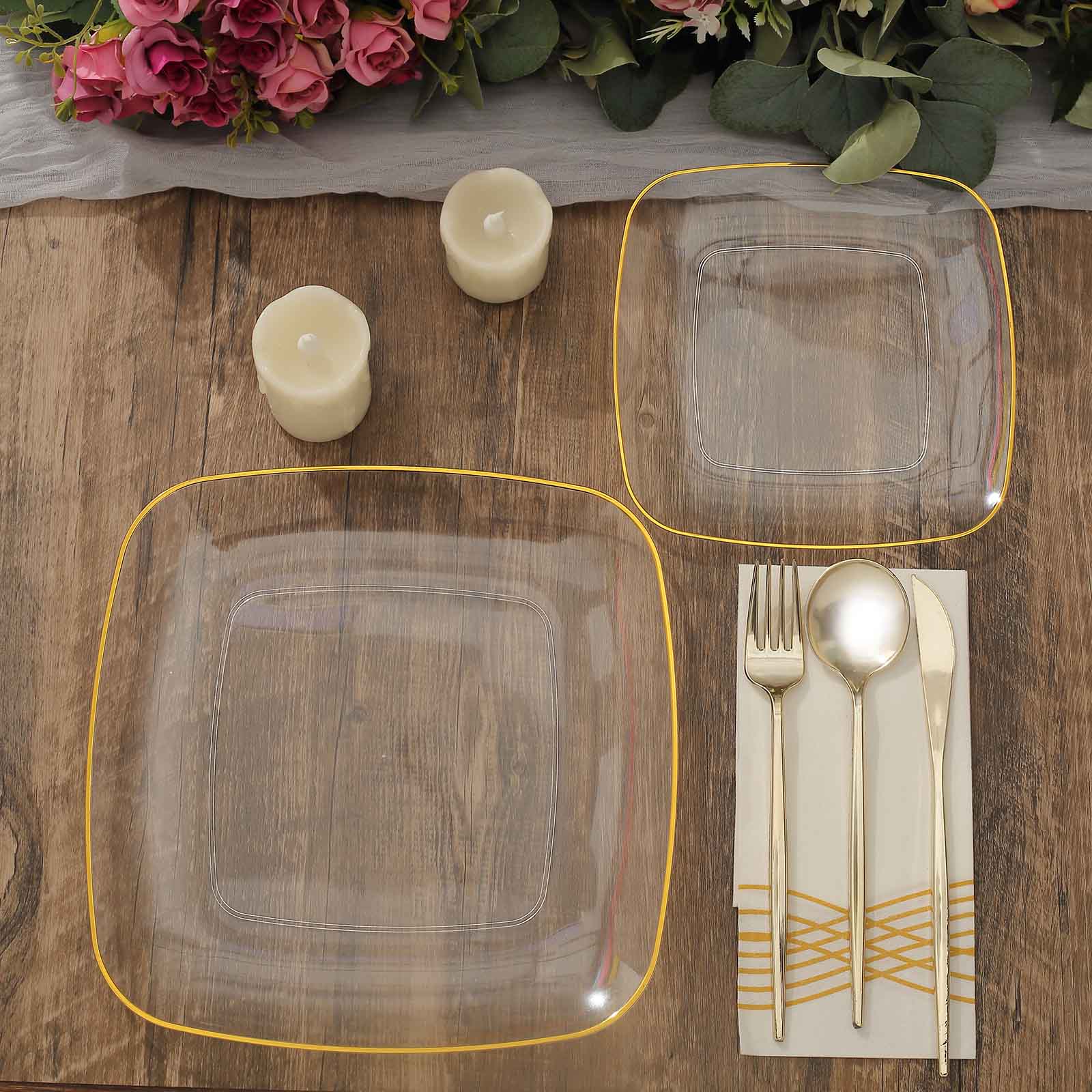 10-Pack Plastic 7" Square Dessert Plates in Clear with Gold Rim - Classy Disposable Appetizer Salad Plates