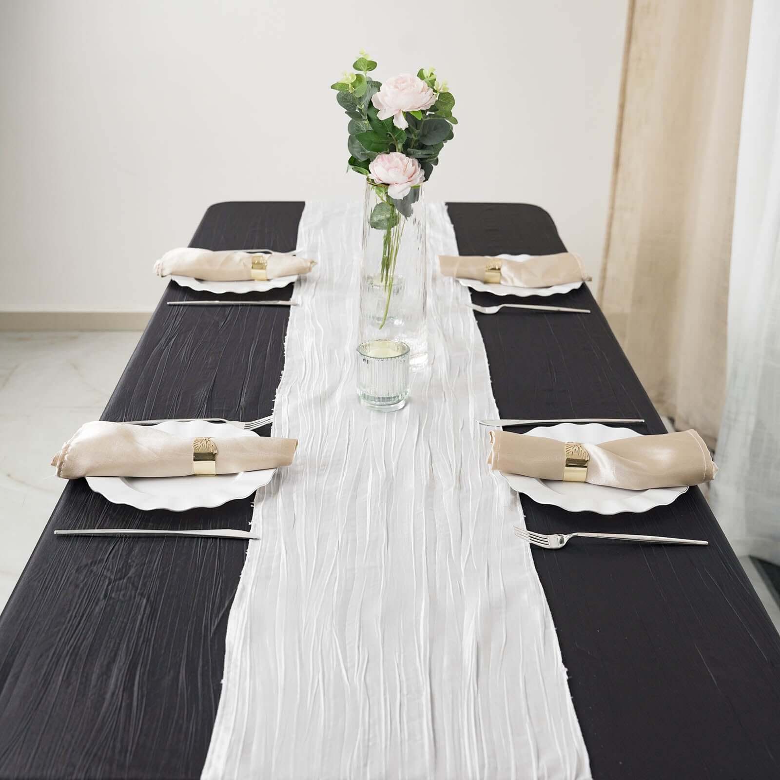 Taffeta 12"x108" Table Runner White - Accordion Crinkle Design for Modern Gatherings