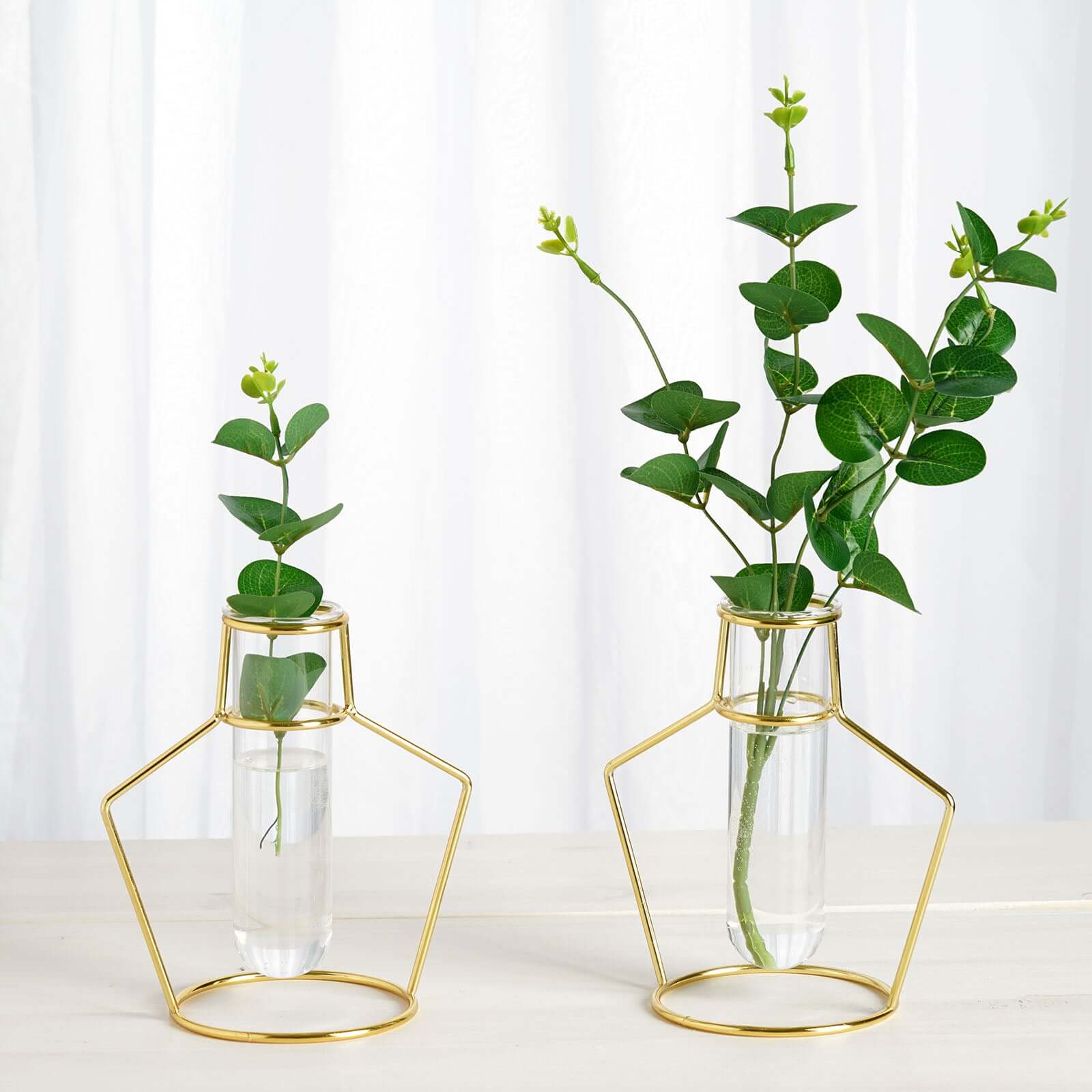 2-Pack Flower Stands Gold Metal Frame Geometric Design - Test Tube Vase Centerpieces 6.5"