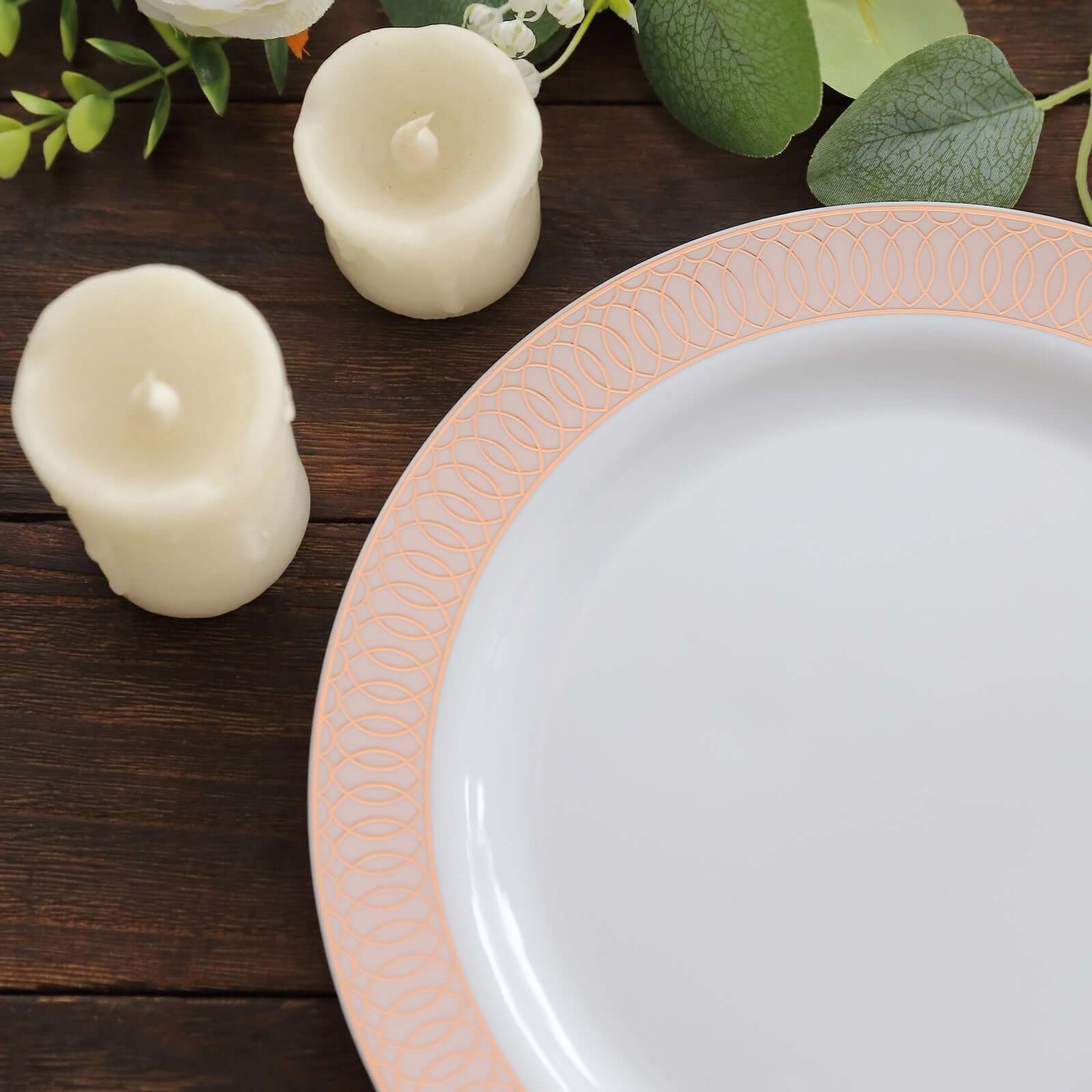 10-Pack Plastic Round Dinner Plates 10" White with Blush Rose Gold Spiral Rim - Chic Disposable Party Plates
