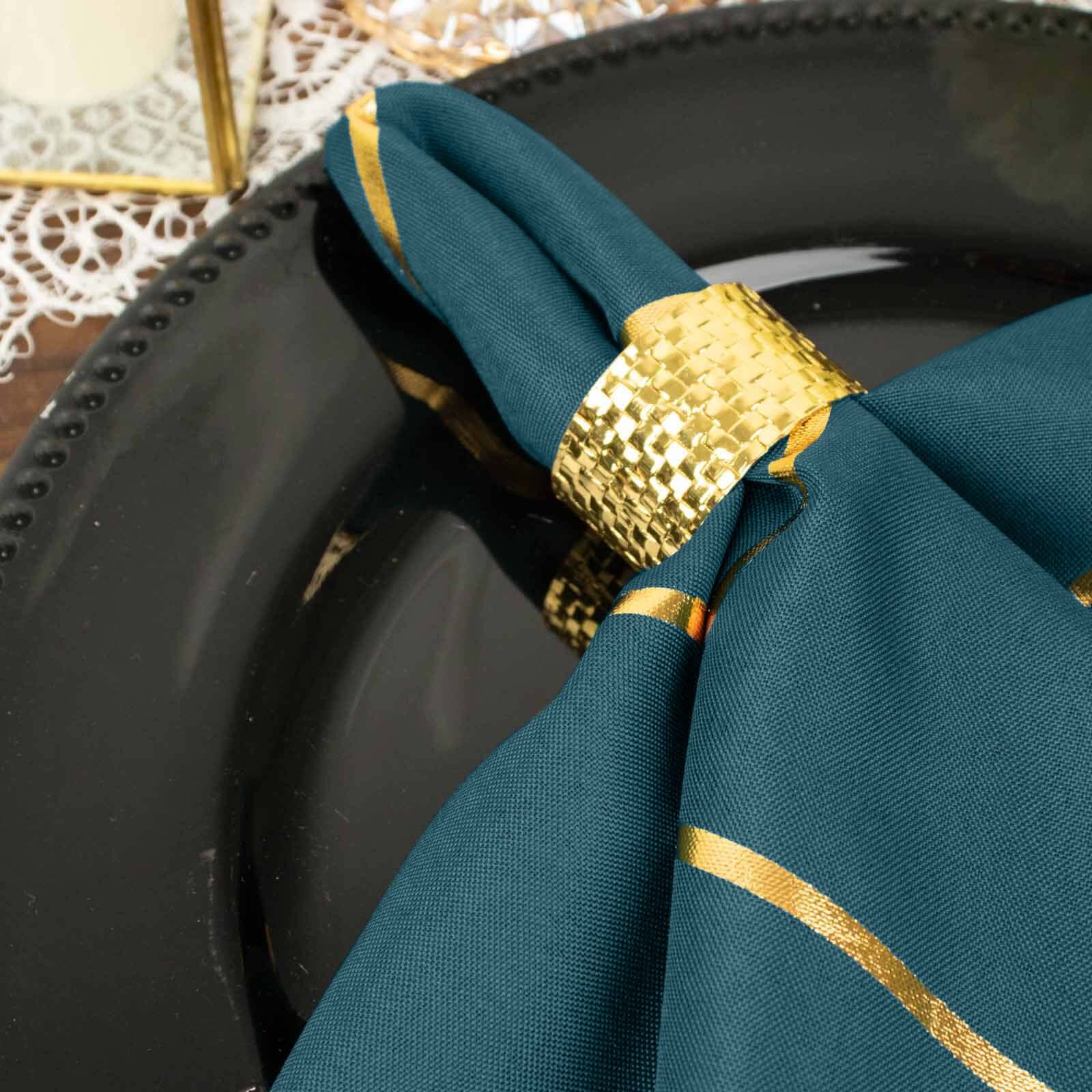 5 Pack Polyester 20"x20" Napkins Peacock Teal with Gold Geometric Foil Pattern - Modern Reusable Dinner Napkins