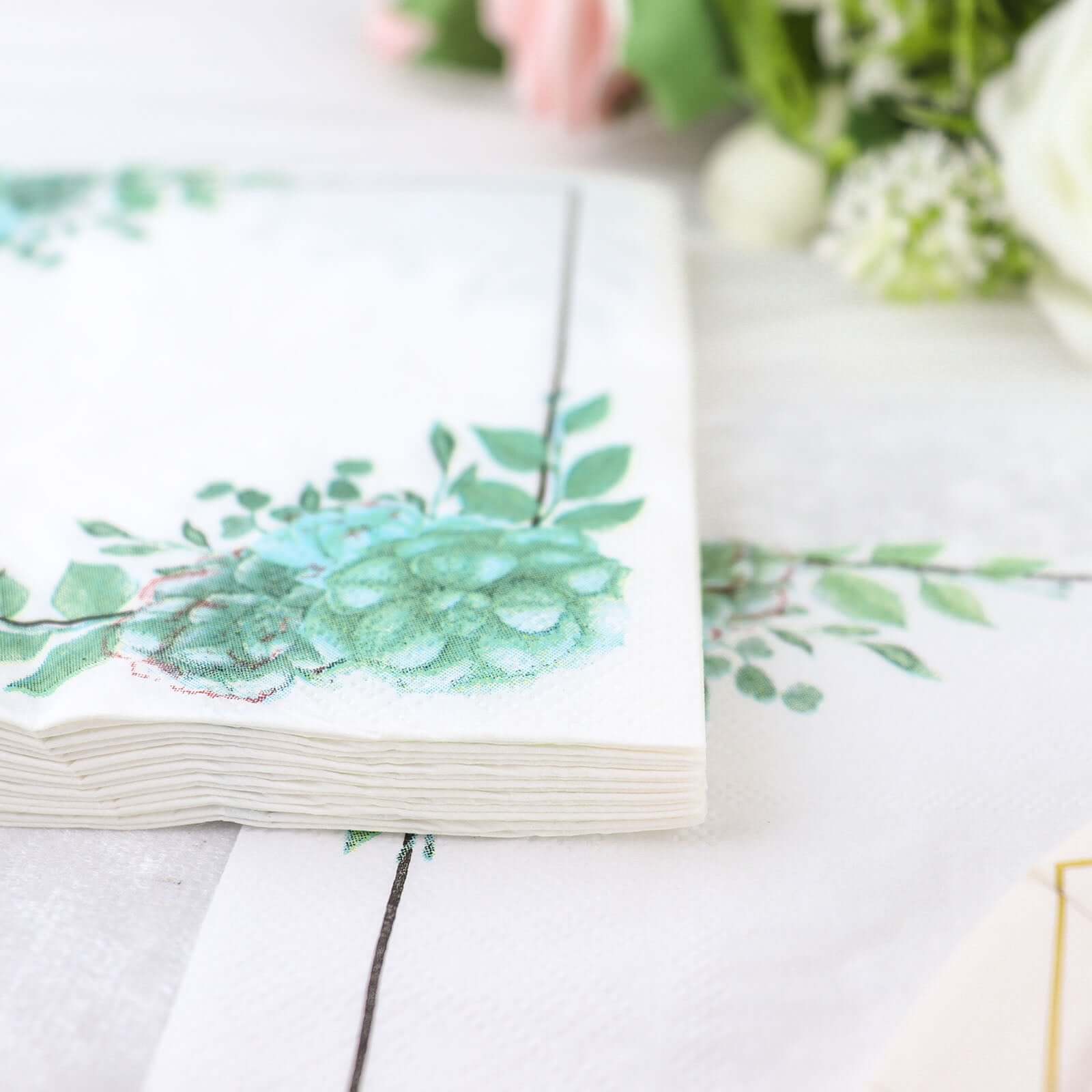 20-Pack Paper Dinner Napkins with Floral Design White/Green - Disposable 2 Ply Beverage Napkins 13"x13"