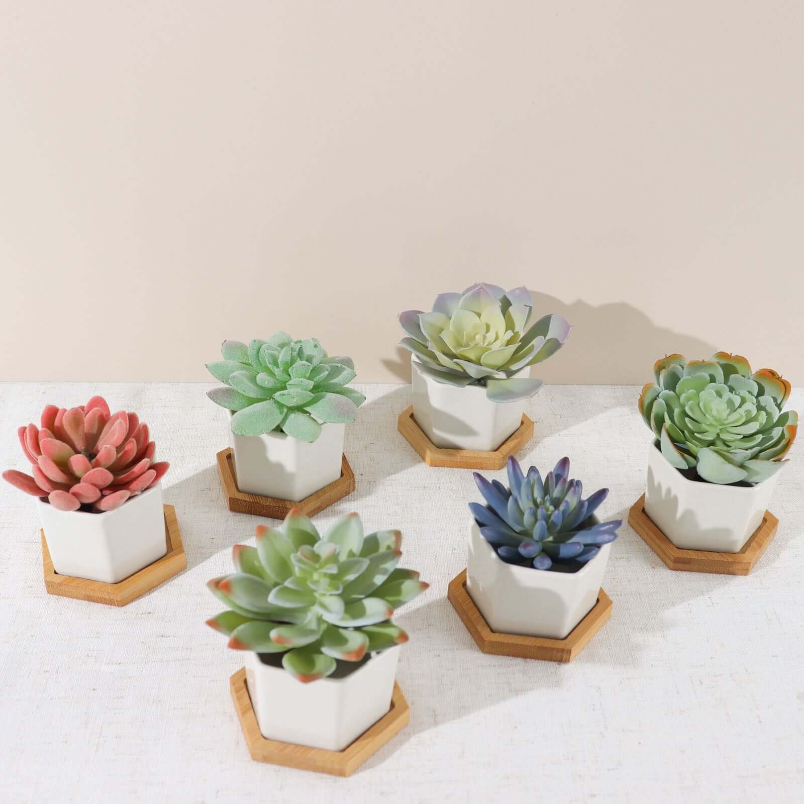 6-Pack Planter Pots Geometric Hexagon Design White - Ceramic Pots with Bamboo Tray and Removable Bottom 3"