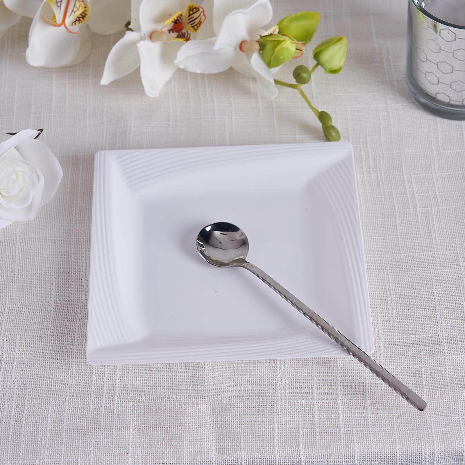 10-Pack Plastic 6" Square Dessert Plates in White with Geometric Ridge Trim - Disposable Appetizer Salad Plates for Stylish Gatherings & Celebrations