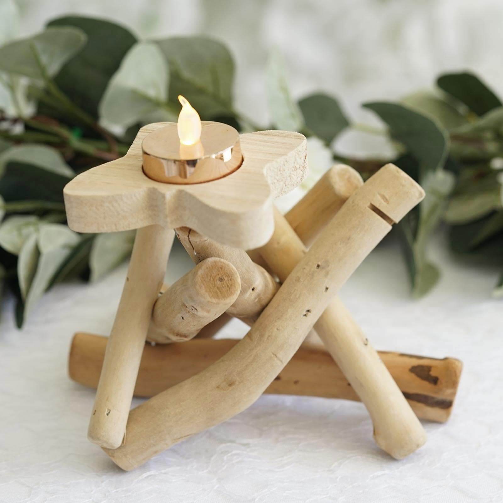 Natural Driftwood Candle Holder with Butterfly Top - Rustic Wooden Candle Stand for Events 8" Tall
