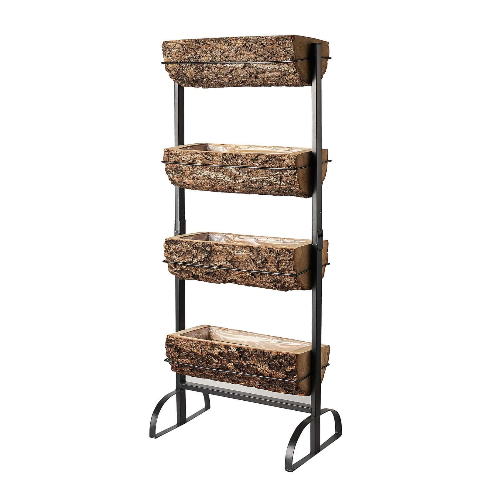 42" 4-Tier Metal Ladder Plant Stand With Natural Wooden Log Planters