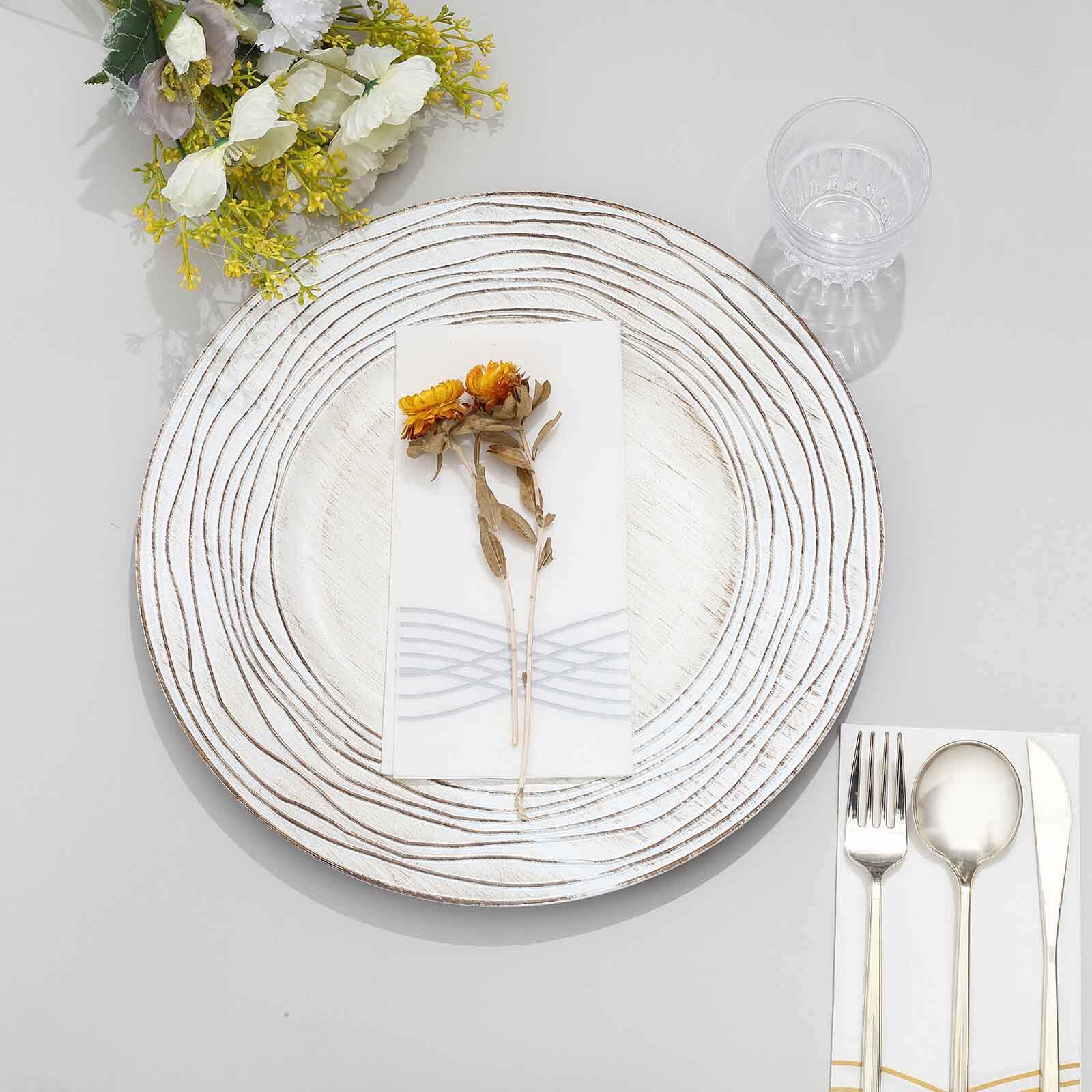 6-Pack Faux Wood Round Charger Plates 13" White Washed with Rose Embossed Rim, Disposable Plastic Charger Tableware