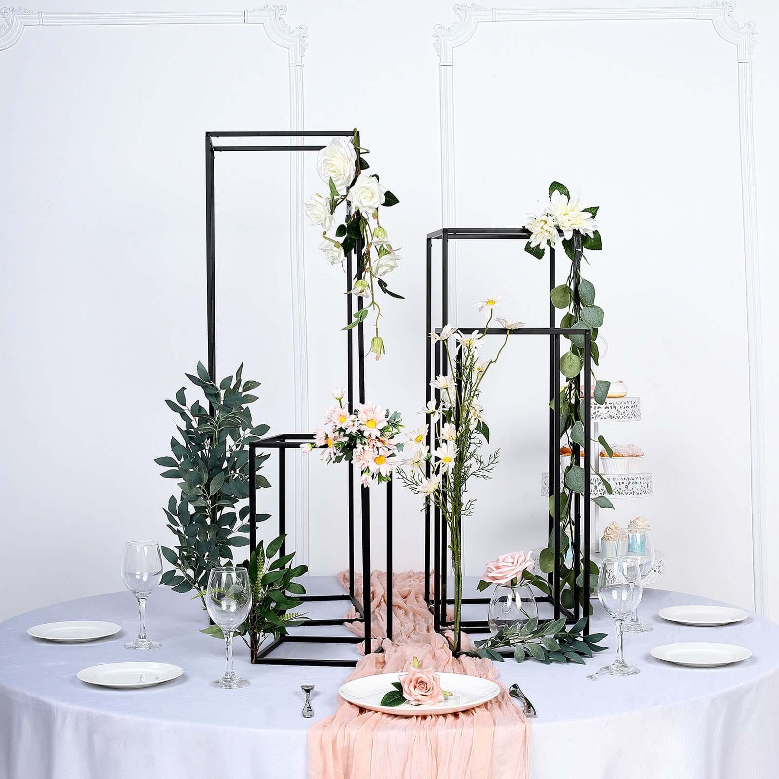 Set of 4 Metal Flower Stands Frame Wedding Column Centerpieces Matte Black - Durable Display 16"/24"/32"/40"