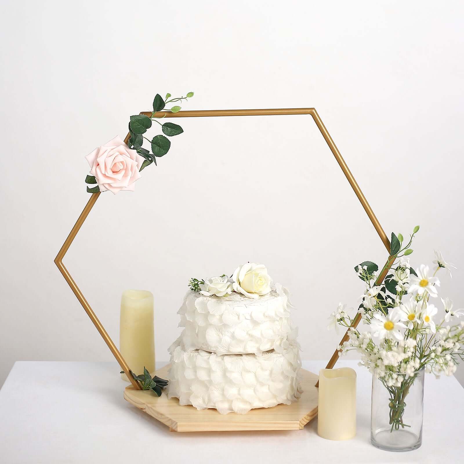 Metal Hexagon Floral Hoop Cake Stand Gold - Chic Geometric Dessert Display DIY Centerpiece Table Decoration With Wooden Base 28"