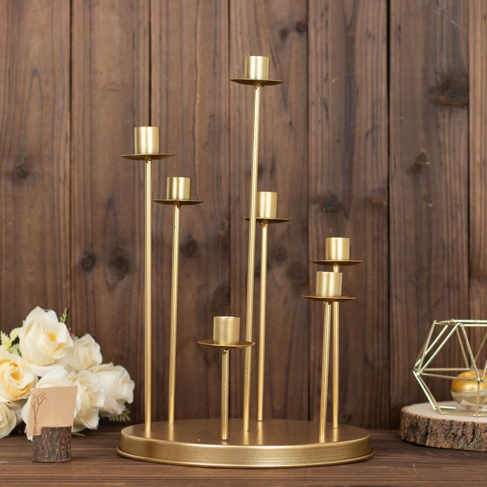 Cluster Candelabra Taper Candle Holder 7-Arm Gold Metal Wedding Centerpiece - Table Decor 15"