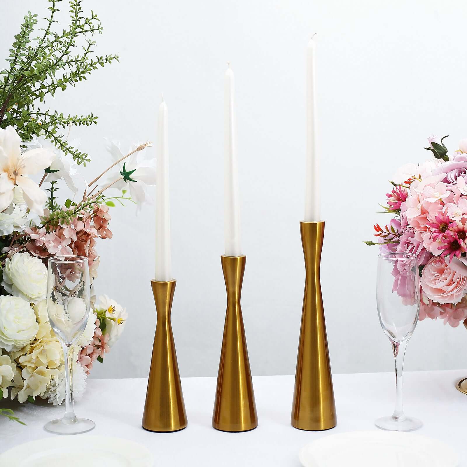 Set of 3 Hourglass Taper Candle Holders Gold Metal Nordic European Design - Tabletop Decor 8", 9", 11"