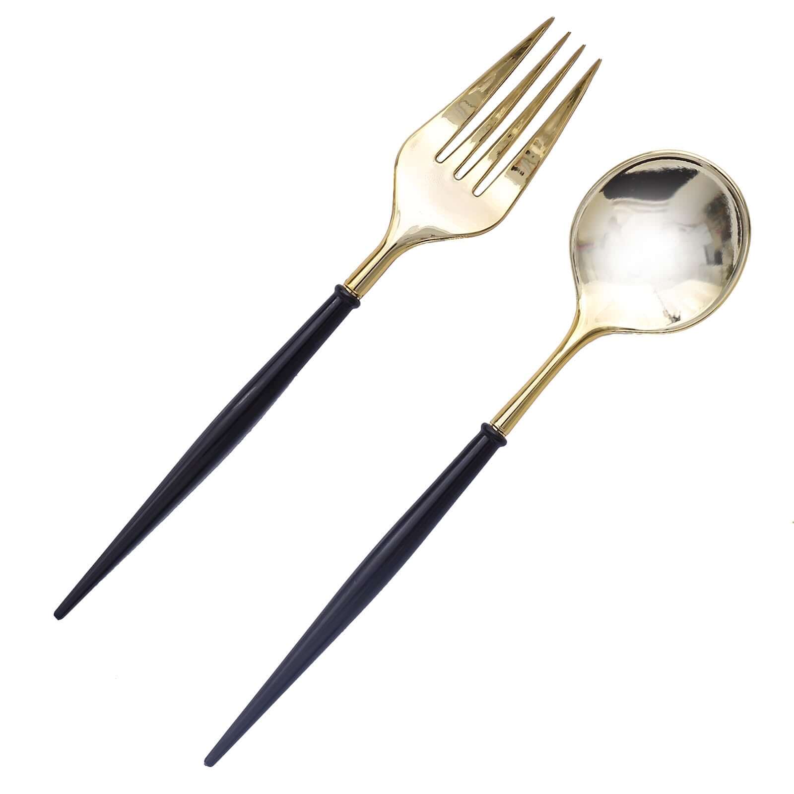 24-Pack Plastic Fork and Spoon Set Gold/Black - Heavy Duty Disposable Modern Utensils 6"
