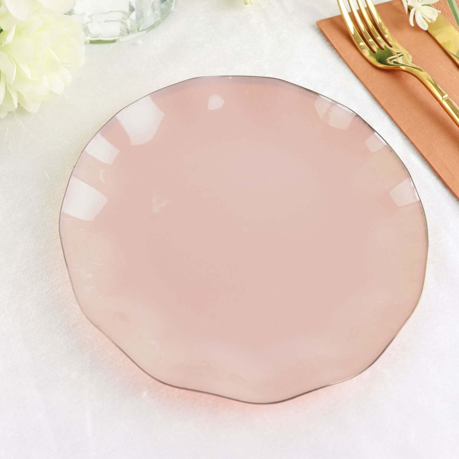 10-Pack Plastic Round 6" Dessert Plates in Blush Ruffled Rim with Gold Edging - Sturdy Disposable Salad Appetizer Dinnerware