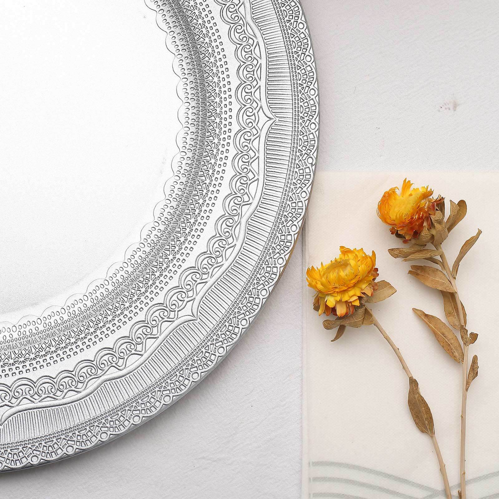 6-Pack Acrylic Round Charger Plates 13" in Silver with Lace Embossed Rim, Rustic Plastic Decorative Charger Tableware