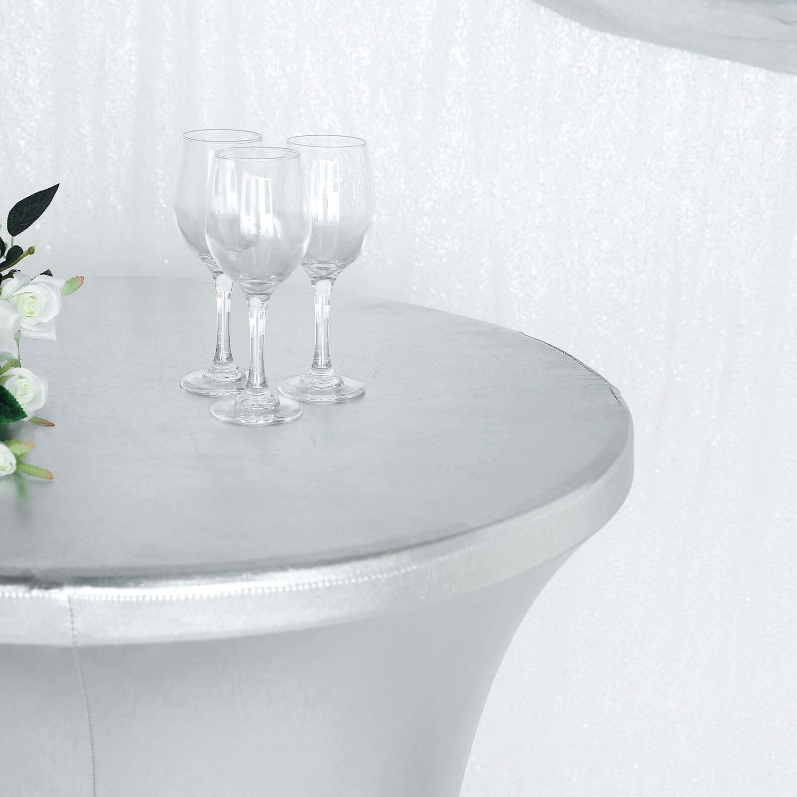 Metallic Spandex 32" Fitted Round Cocktail Table Cover Silver Highboy Tablecloth - Stretch Fit & Water-Resistant