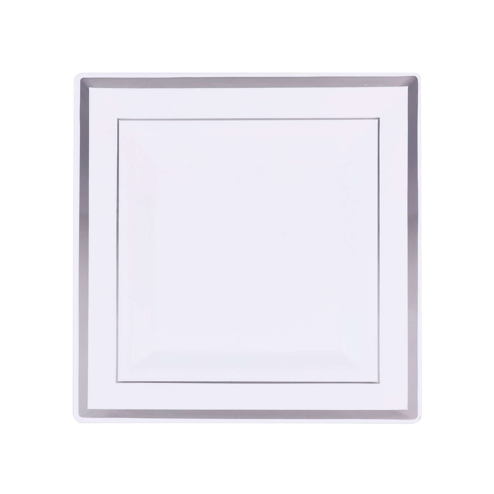 10-Pack Plastic Salad Dessert Plates White Square with Silver Trim - Durable Disposable Appetizer Plates 7"