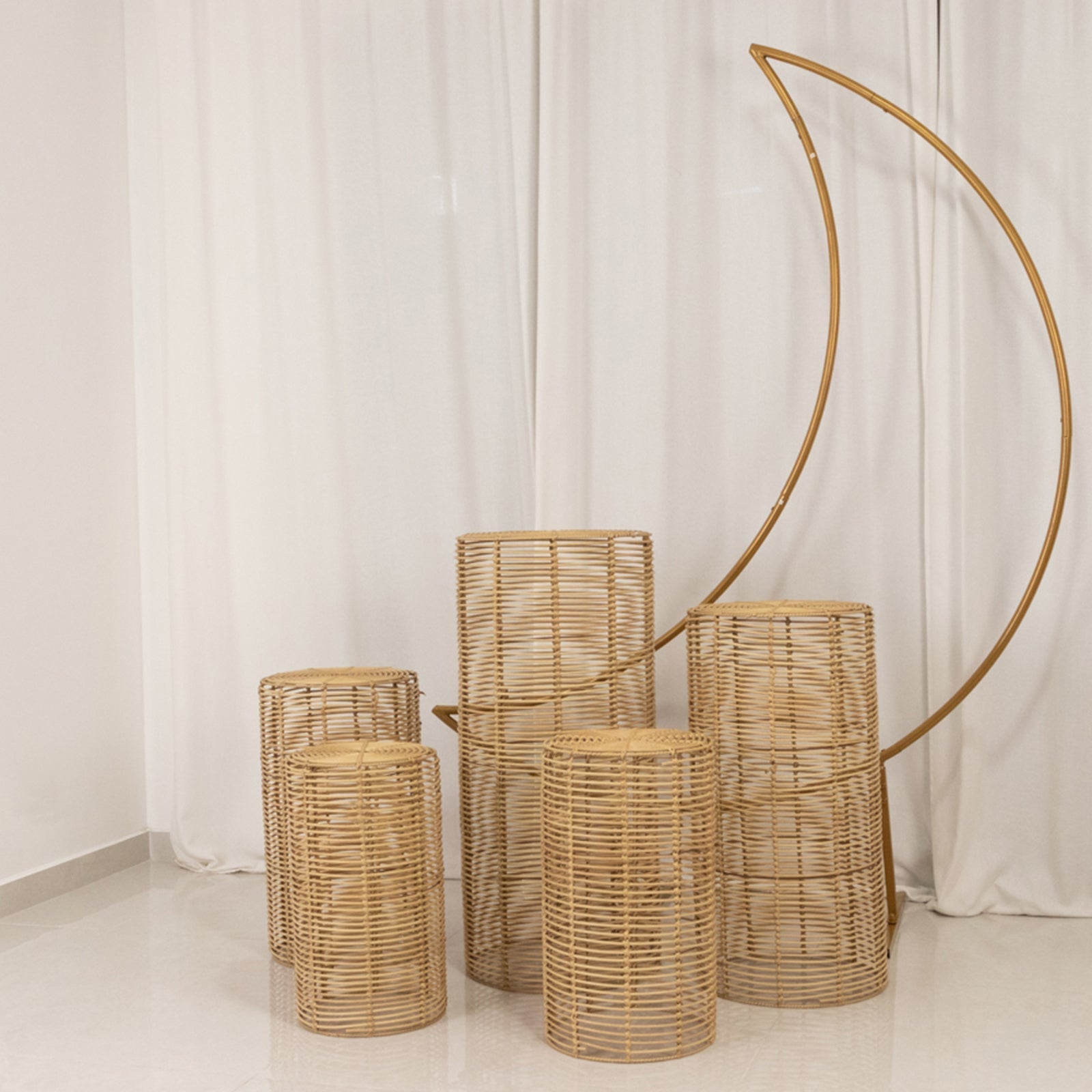 Set of 5 Natural Woven Rattan Wicker Pedestal Stands, Boho Chic Side Table Cylinder Cake Dessert Plant Display Stands - 20",21",24",29",36"