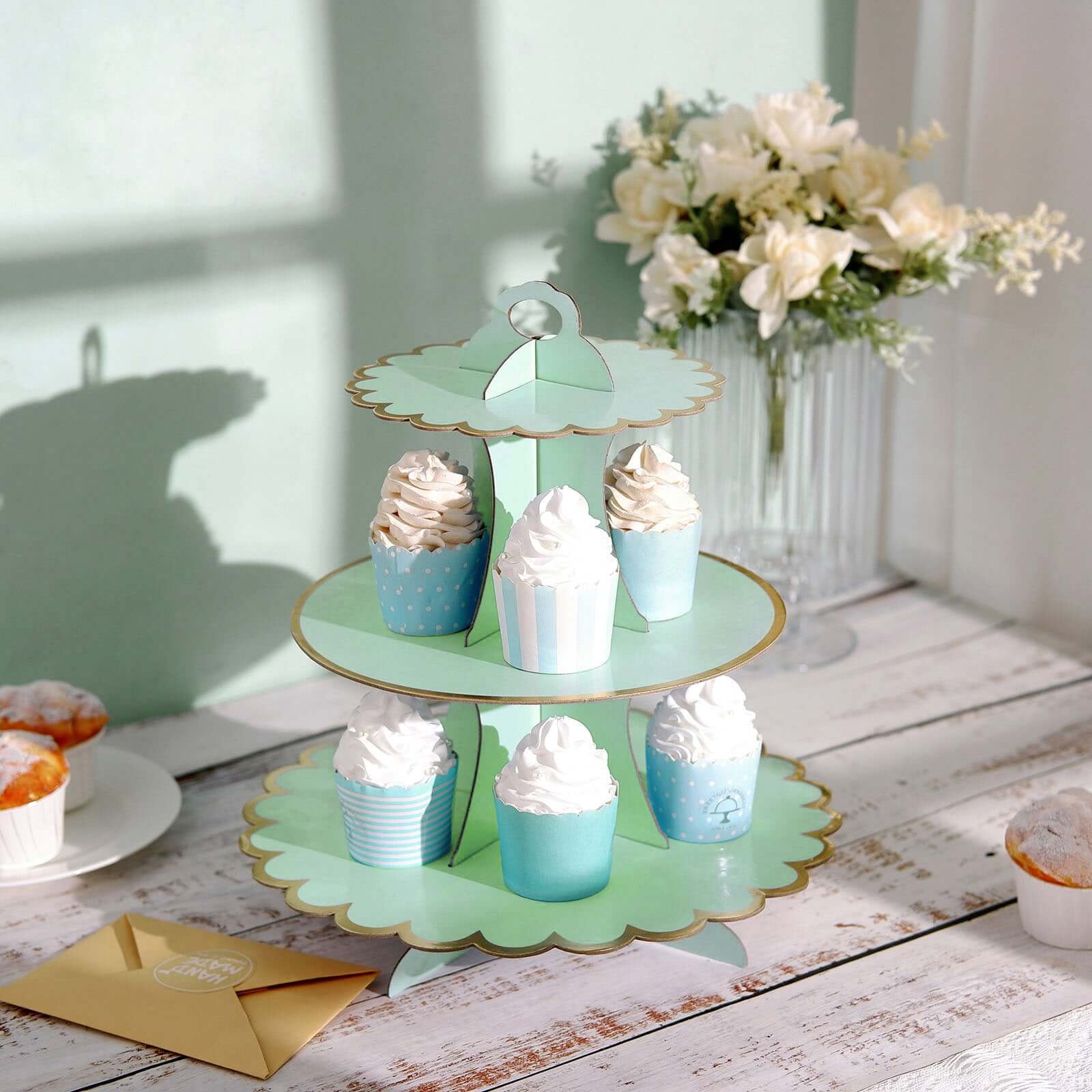 3-Tier Cardboard Cupcake Stand Mint - Sturdy & Collapsible Dessert Treat Tower with Gold Scalloped Rim for Baby Shower Wedding & Party Decor 13"