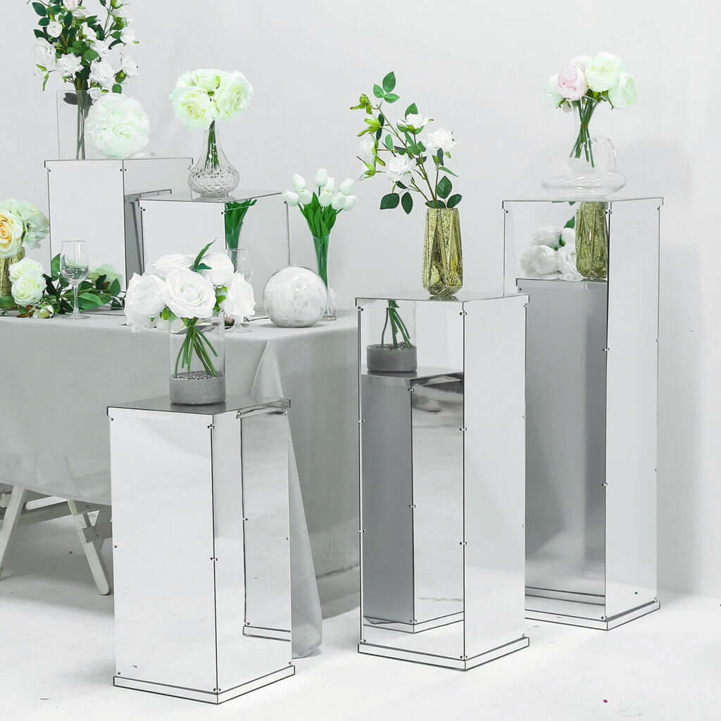 24" Silver Mirror Finish Acrylic Display Box, Pedestal Riser with Interchangeable Lid and Base