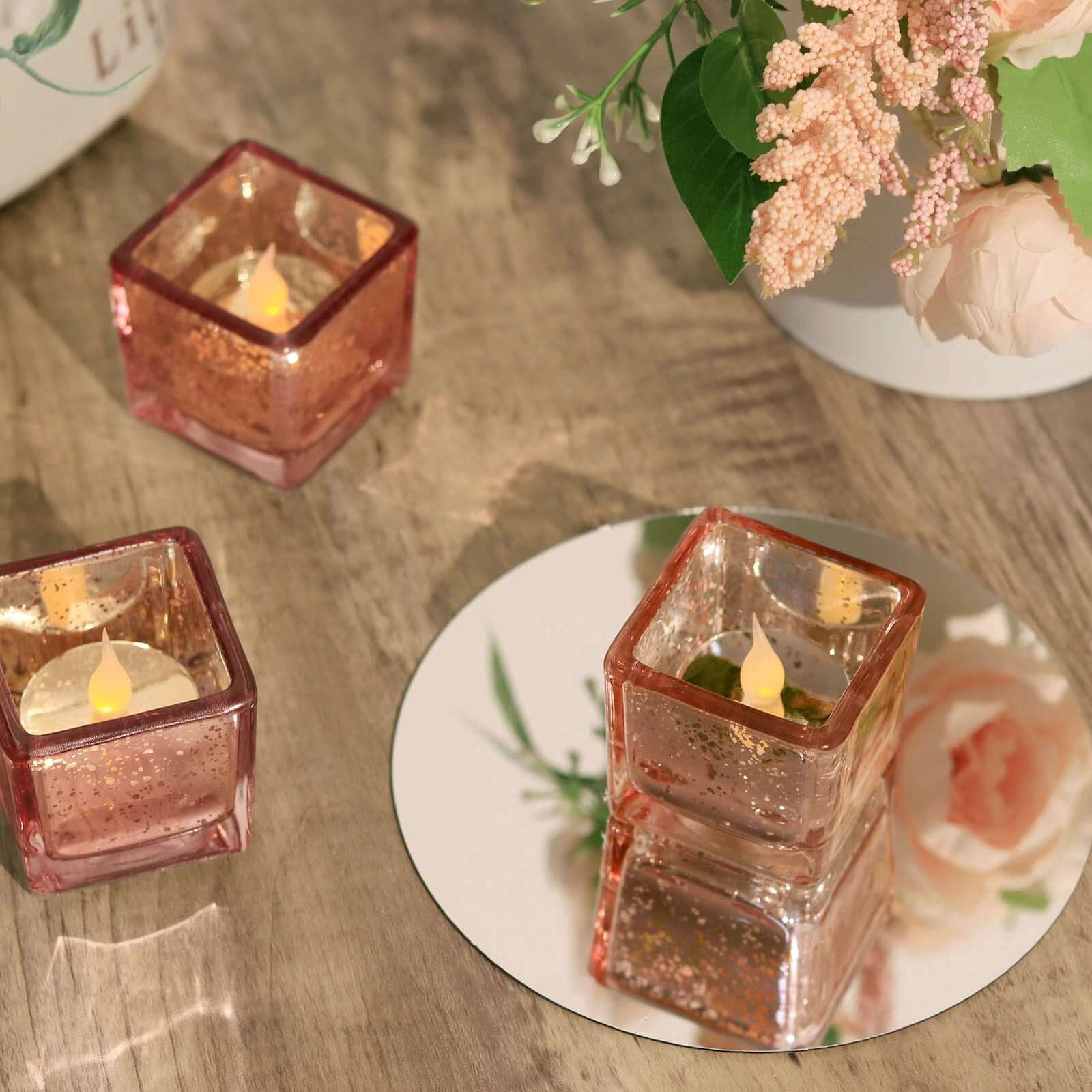 12-Pack Mercury Glass Candle Holders Rose Gold with Speckled Design - Square Votive Tealight Holders 2"