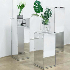 32" Silver Mirror Finish Acrylic Display Box, Pedestal Riser with Interchangeable Lid and Base