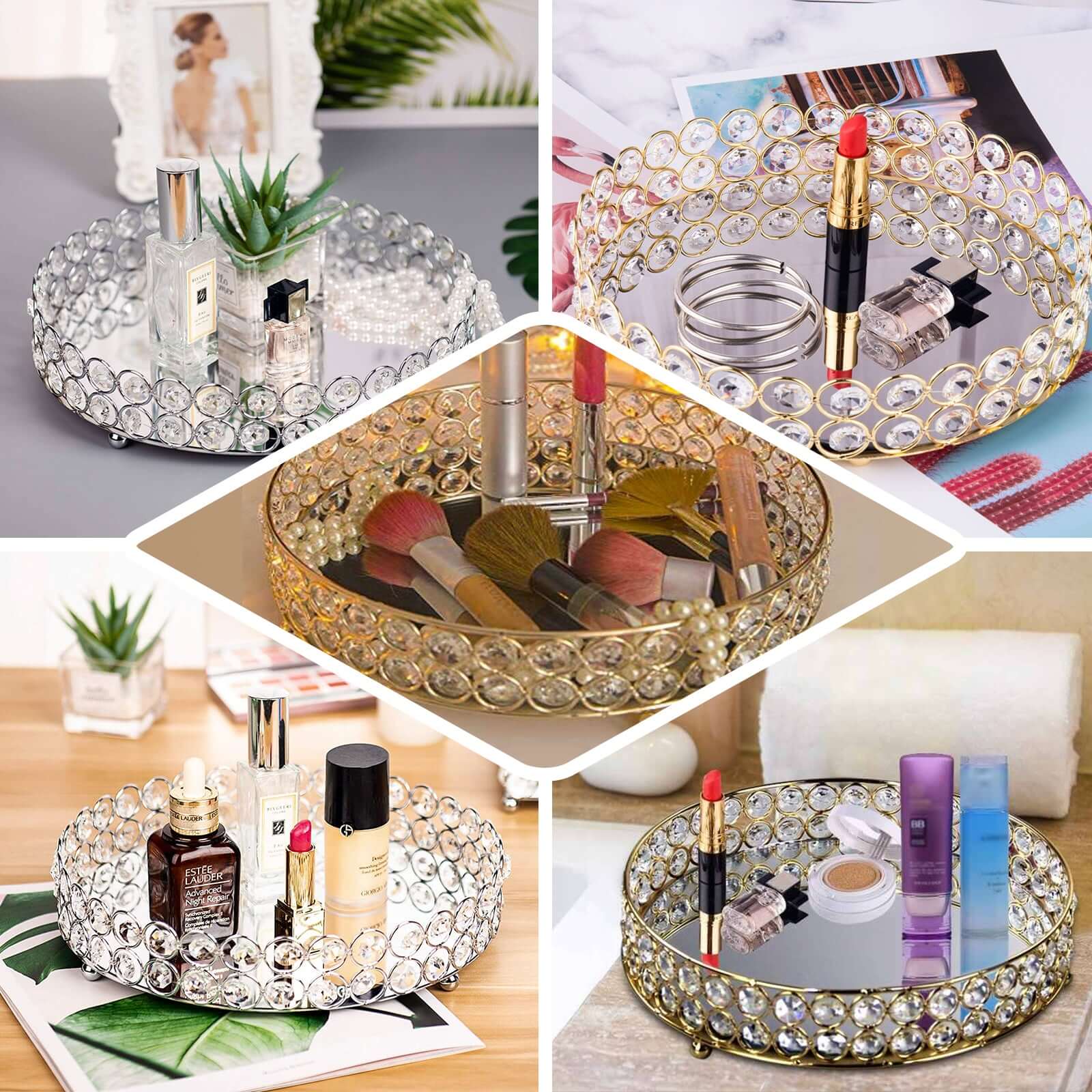 Gold Metal Crystal Beaded Mirror Oval Vanity Serving Tray, Decorative Tray - Medium 14"x10"