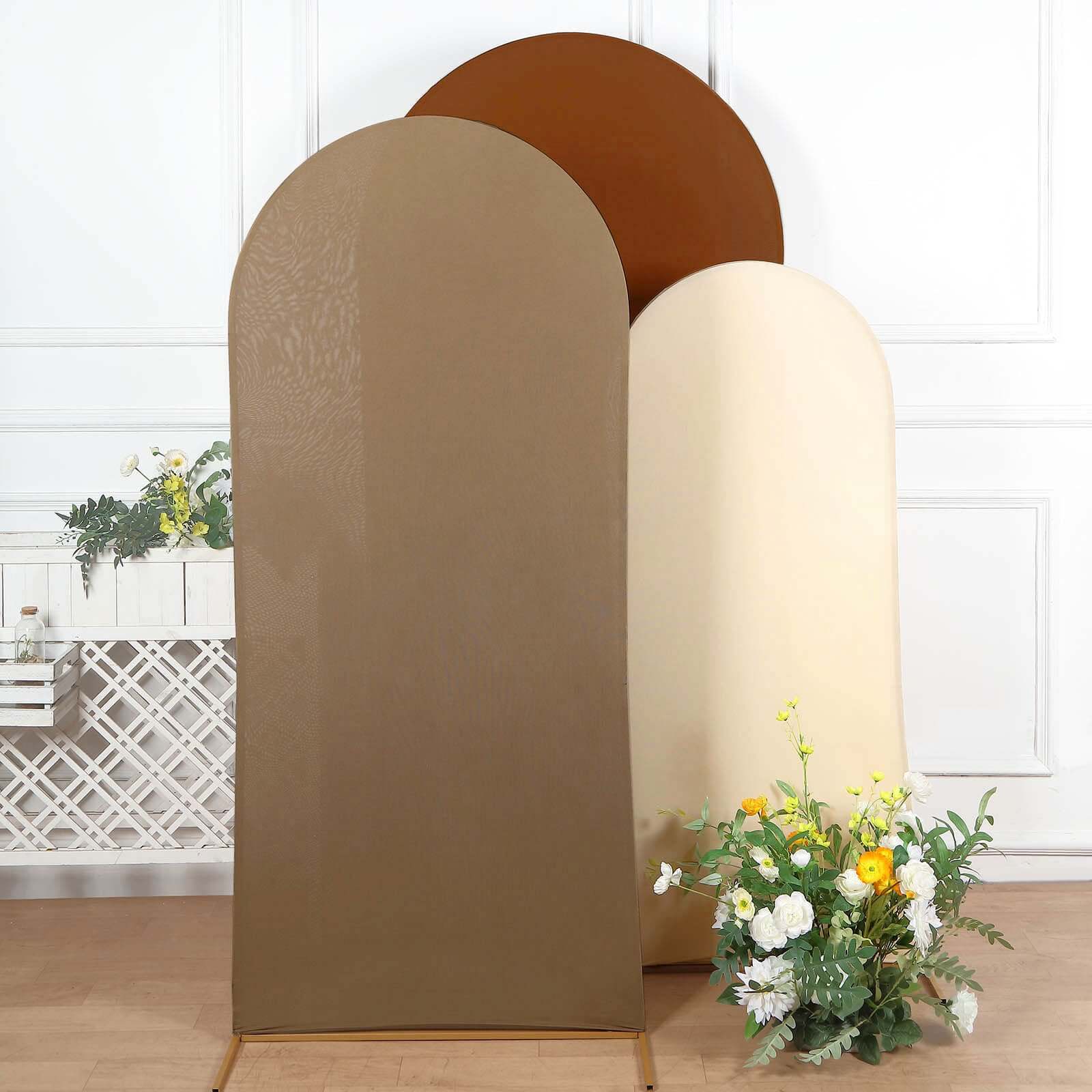 Set of 3 Mixed Natural Spandex Fitted Chiara Backdrop Stand Cover For Round Top Wedding Arch - 5ft, 6ft, 7ft