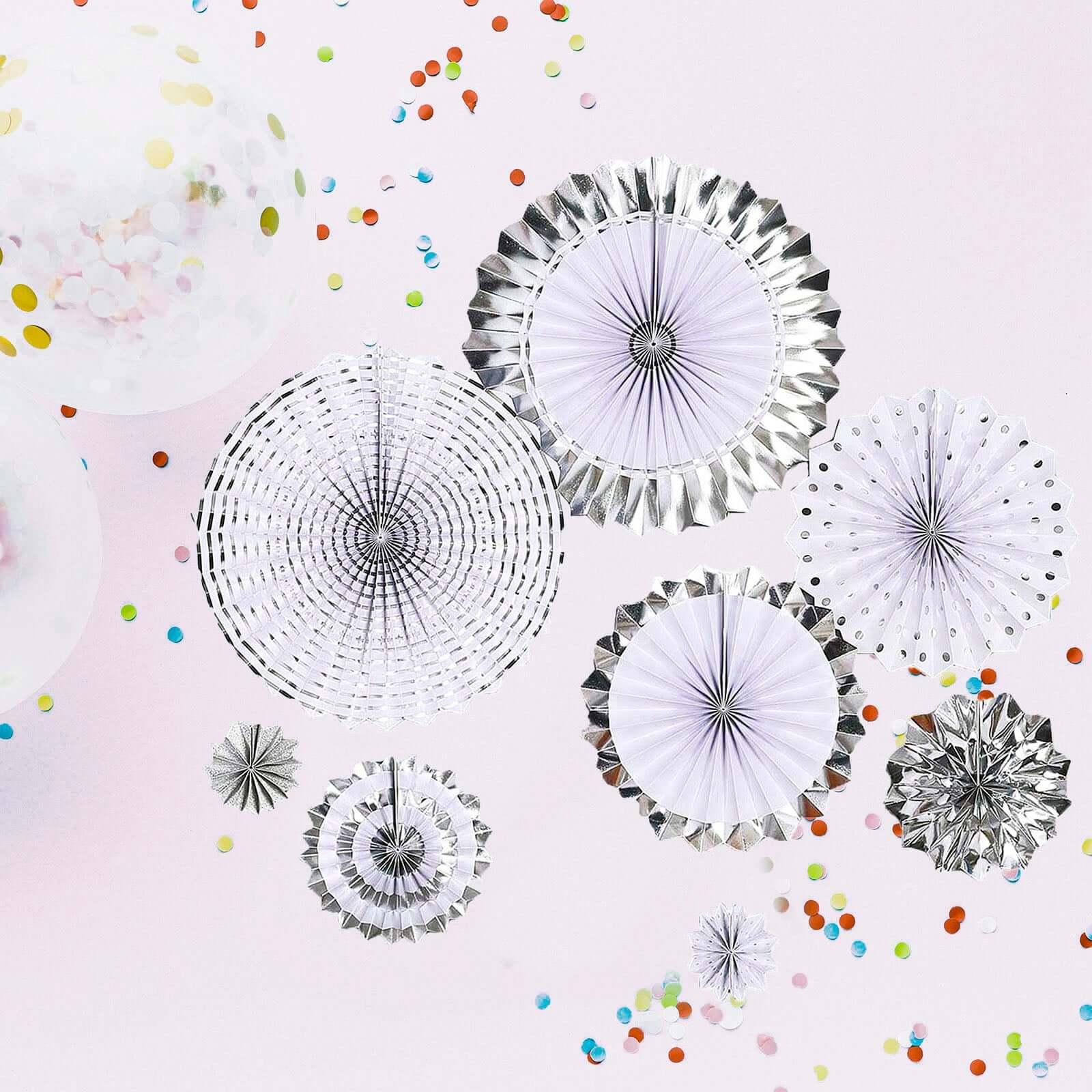 Set of 8 Silver White Hanging Paper Fan Decorations, Pinwheel Wall Backdrop Party Kit - 4", 8", 12", 16"