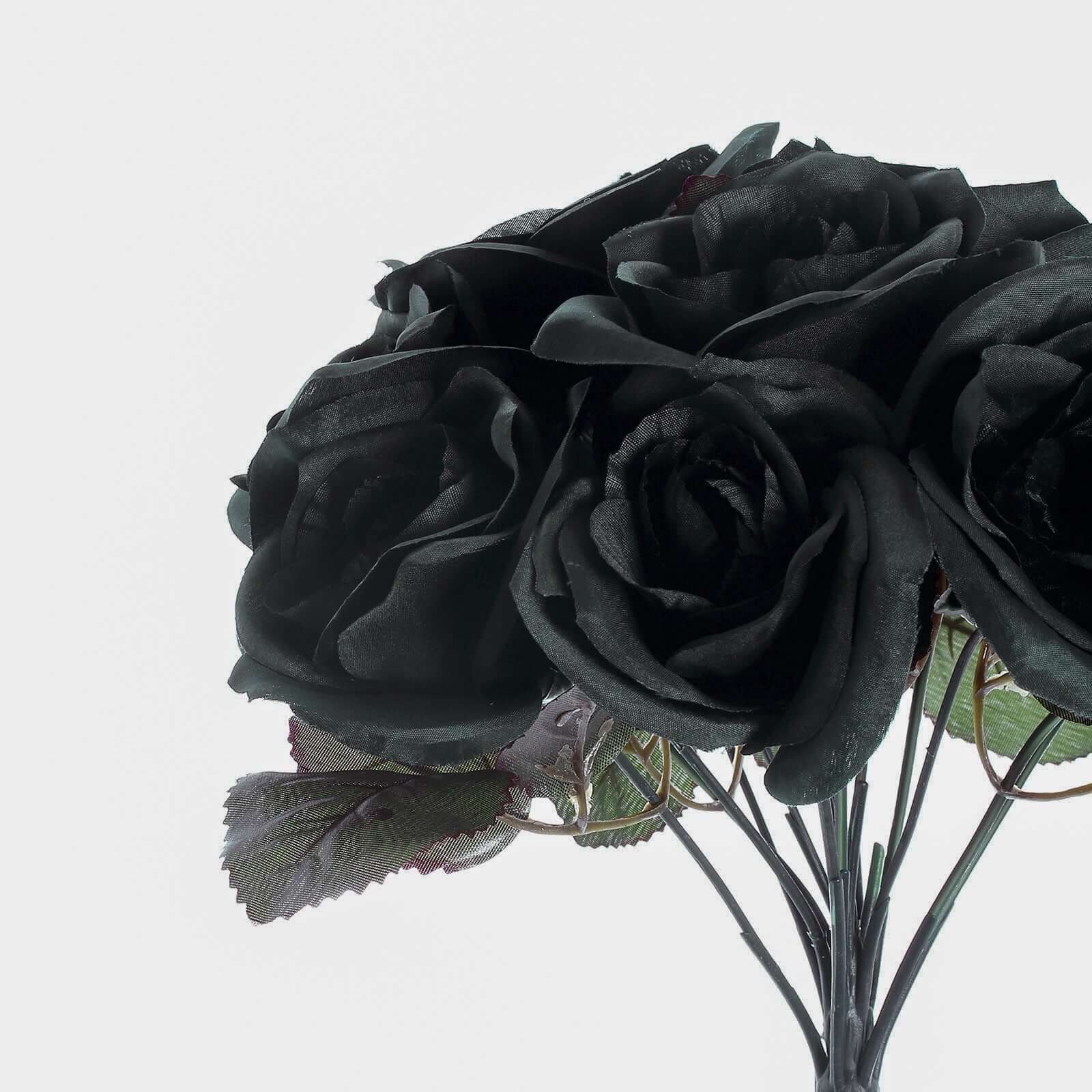 12" Black Artificial Velvet-Like Fabric Rose Flower Bouquet Bush