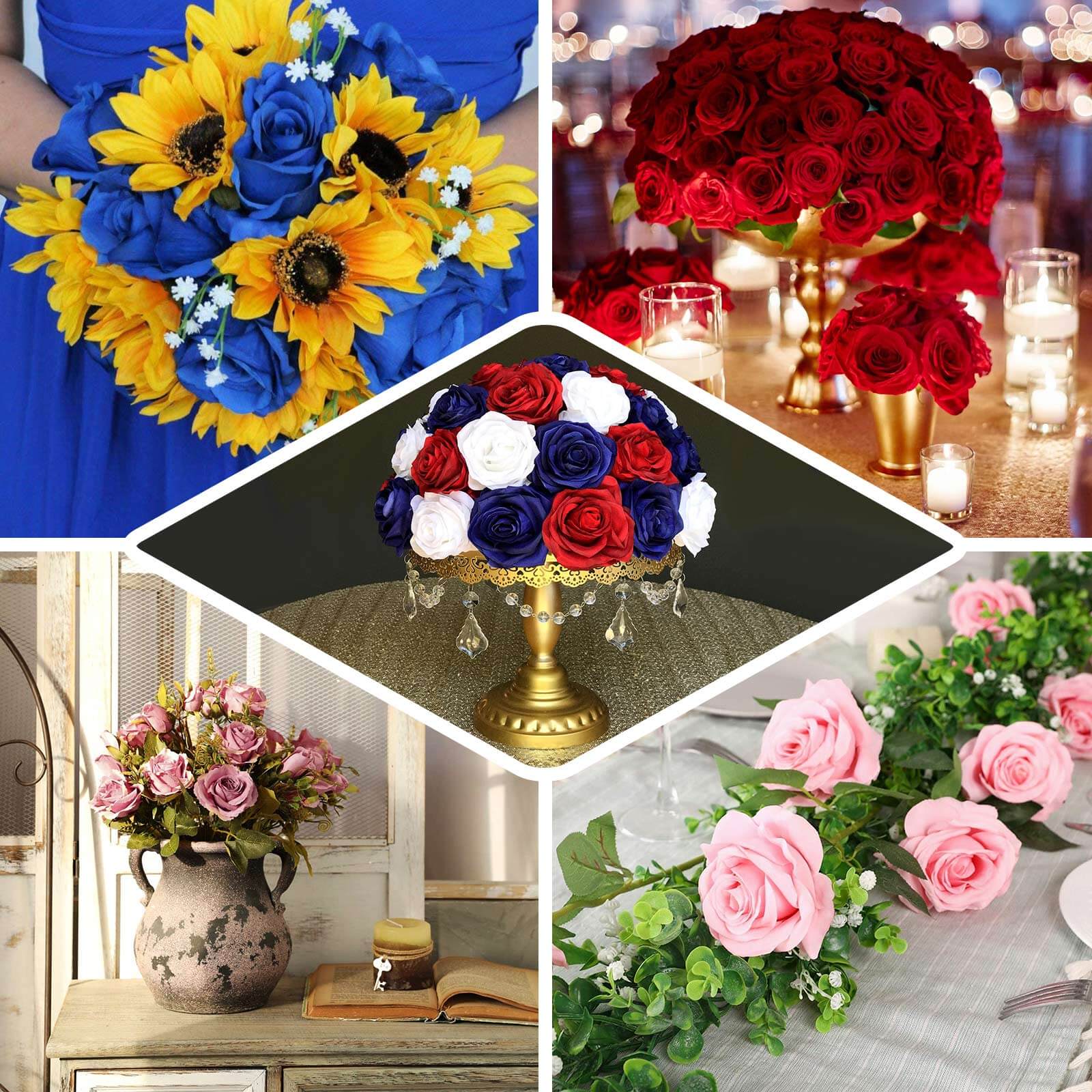 2 Bushes 17" Burgundy Premium Silk Jumbo Rose Flower Bouquet, High Quality Artificial Wedding Floral Arrangements