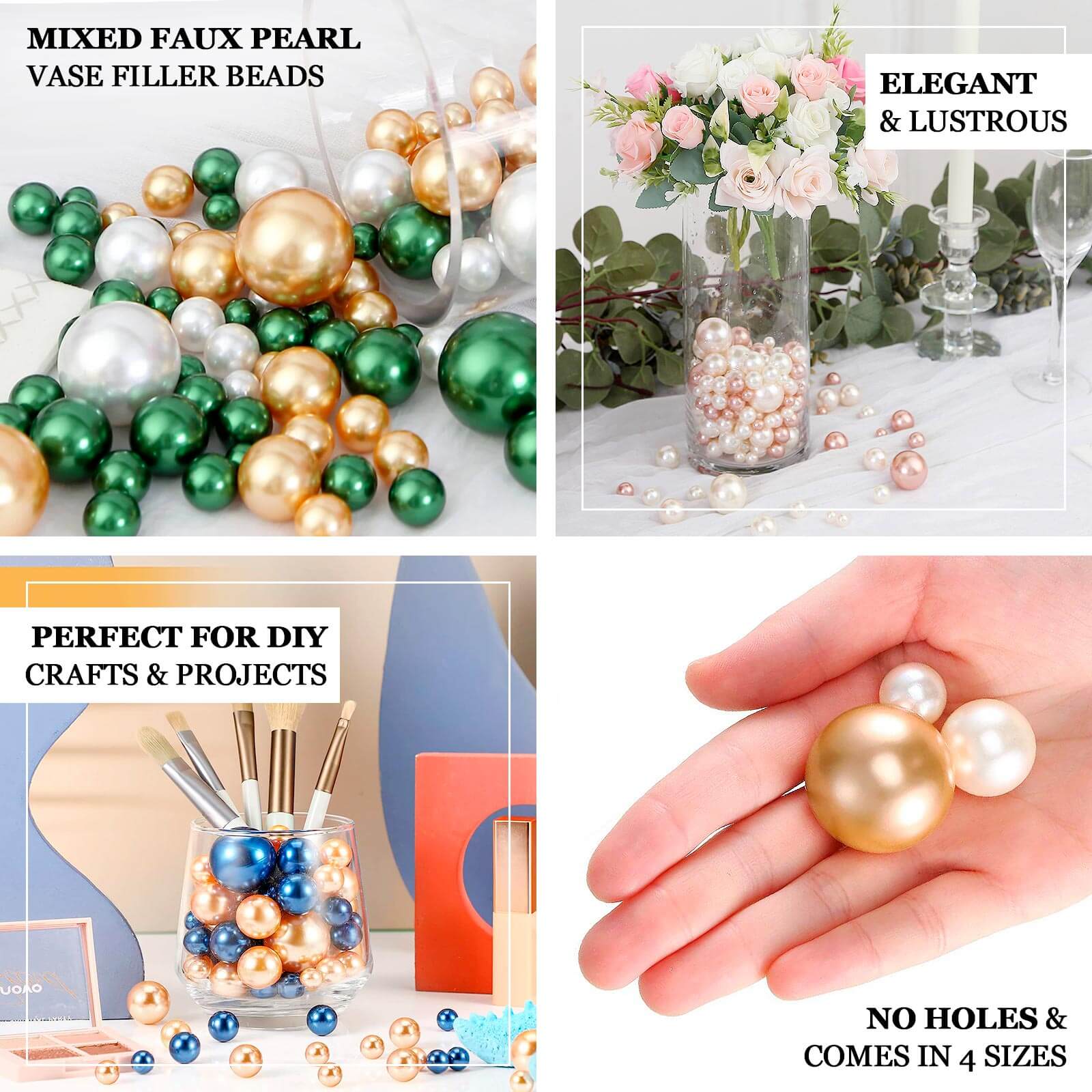200Pcs Assorted Pearl Beads Vase Fillers in Off White and Gold - Lustrous DIY Craft Bead Set