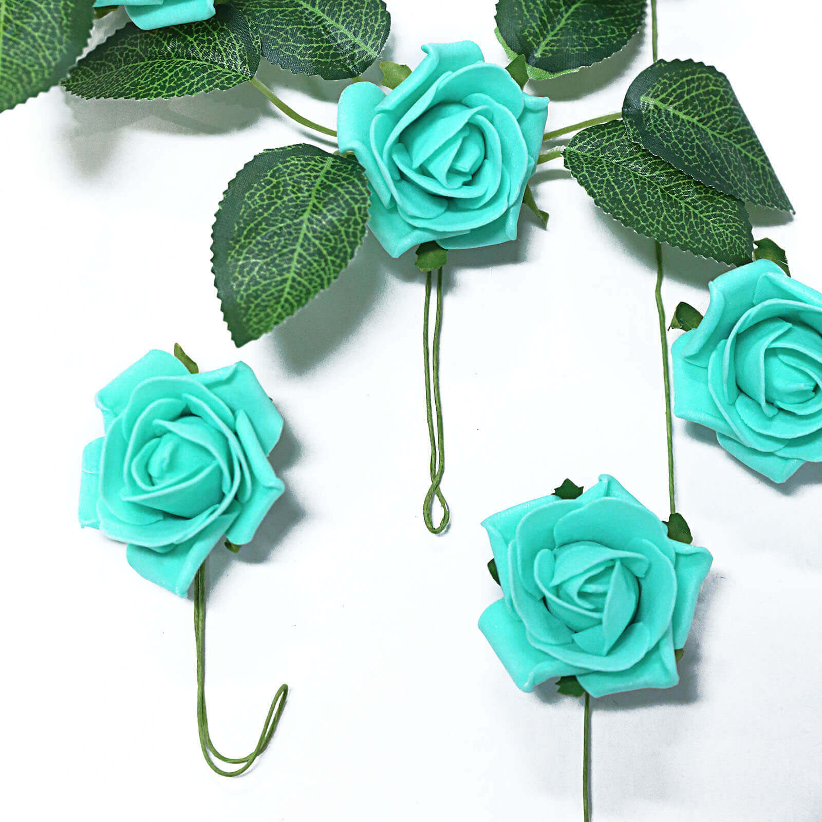 24 Roses 2" Turquoise Artificial Foam Flowers With Stem Wire and Leaves