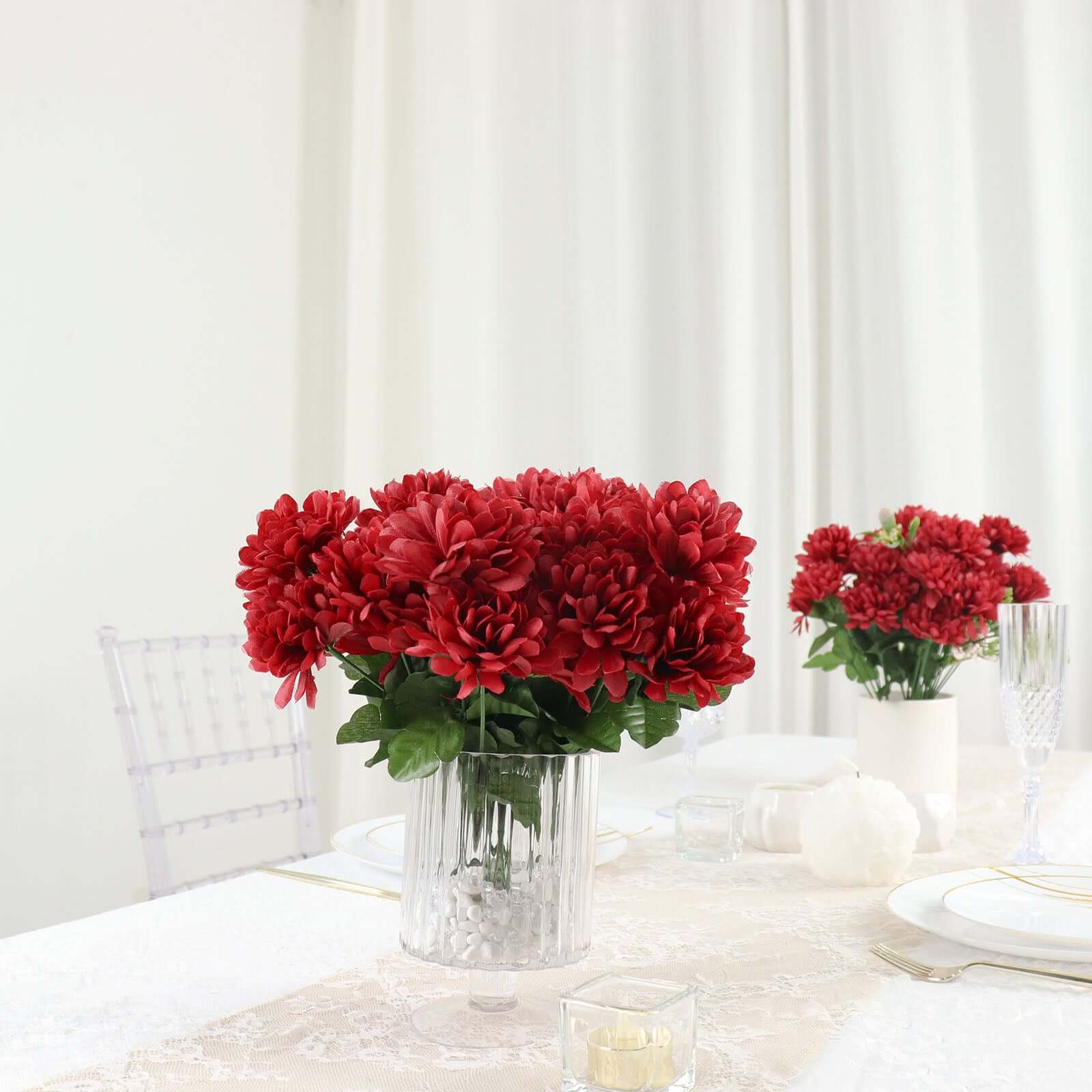 12 Bushes Burgundy Artificial Silk Chrysanthemum Flower Bouquets