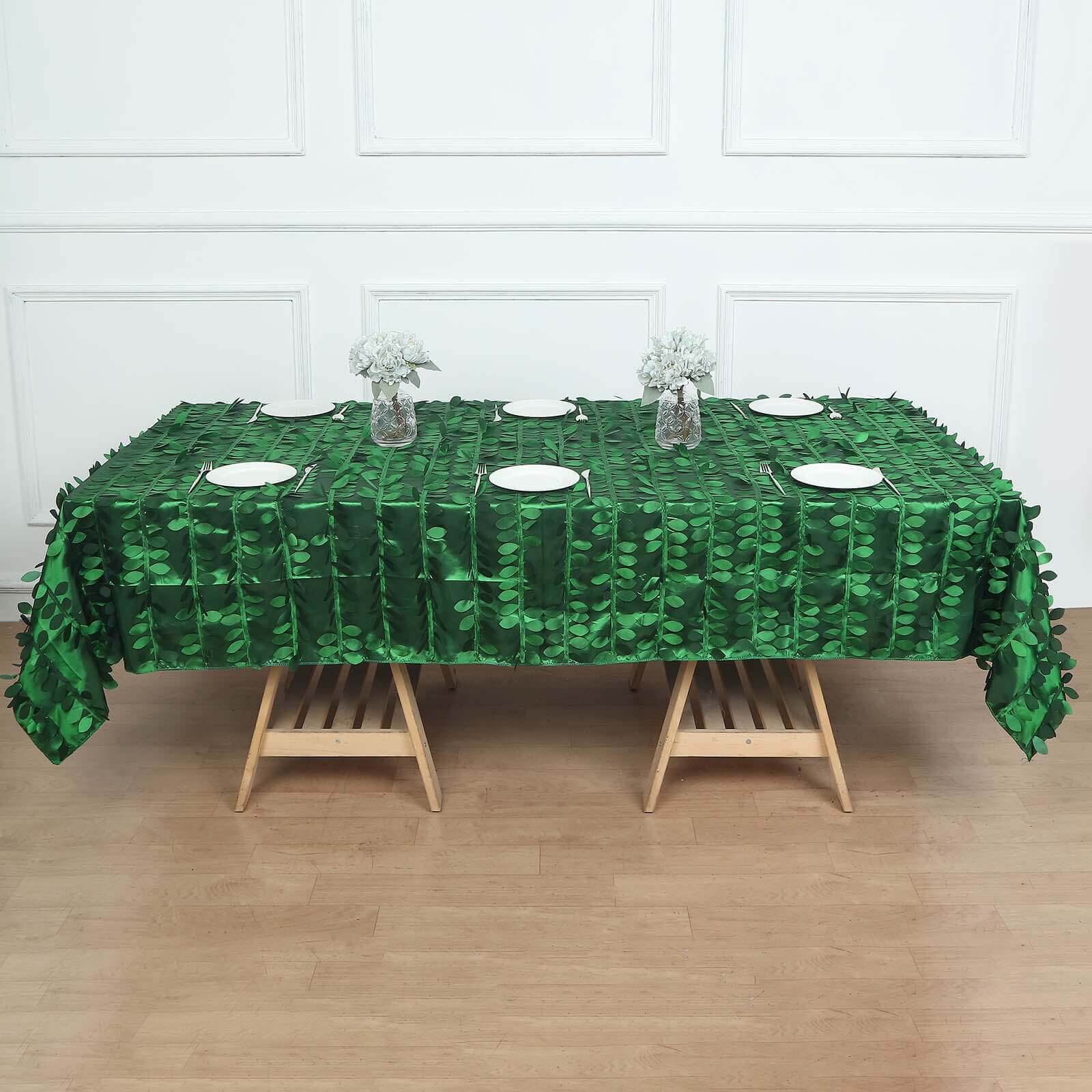 Taffeta 60"x102" Rectangle Tablecloth Green | Exquisite 3D Leaf Petal Design for Chic Wedding & Event Decor