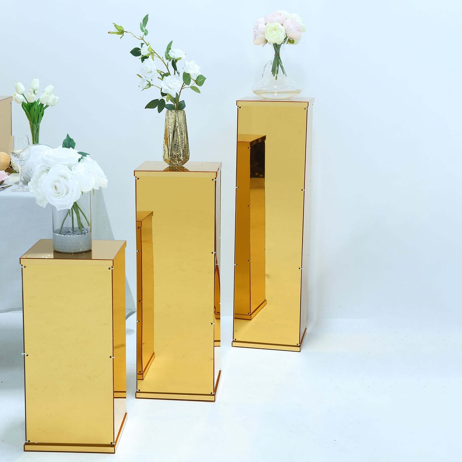 40" Floor Standing Gold Mirror Finish Acrylic Display Box, Pedestal Riser with Interchangeable Lid and Base