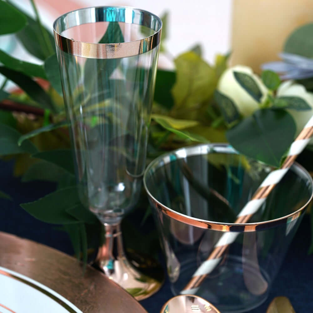 12-Pack Plastic Champagne Flutes Clear with Rose Gold Rim - Sleek Detachable Base Disposable Champagne Glasses for Toasting & Cocktail Parties 5oz