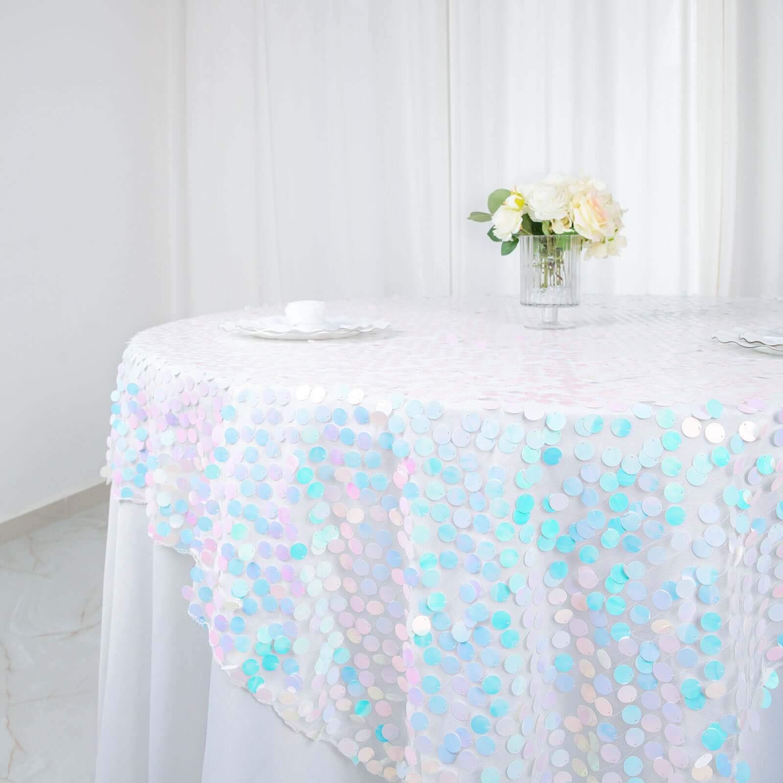 Sequin 72"x72" Table Overlay Square Tablecloth Iridescent Blue - Big Payette Table Cover